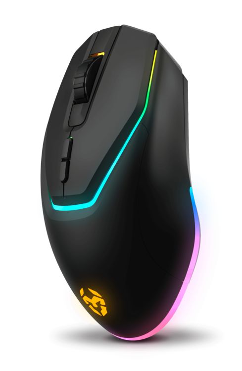 Ratón gaming negro con efectos de iluminación RGB y diseño de panal, en ángulo sobre superficie oscura.