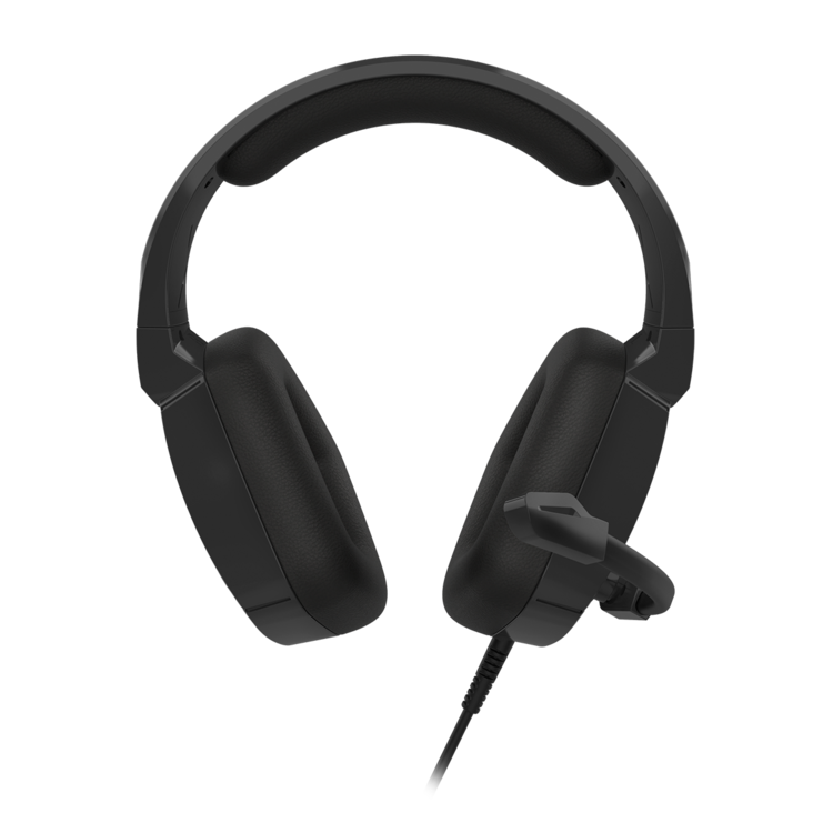 Auriculares negros sobre la oreja con micrófono de brazo que se extiende desde el auricular izquierdo.
