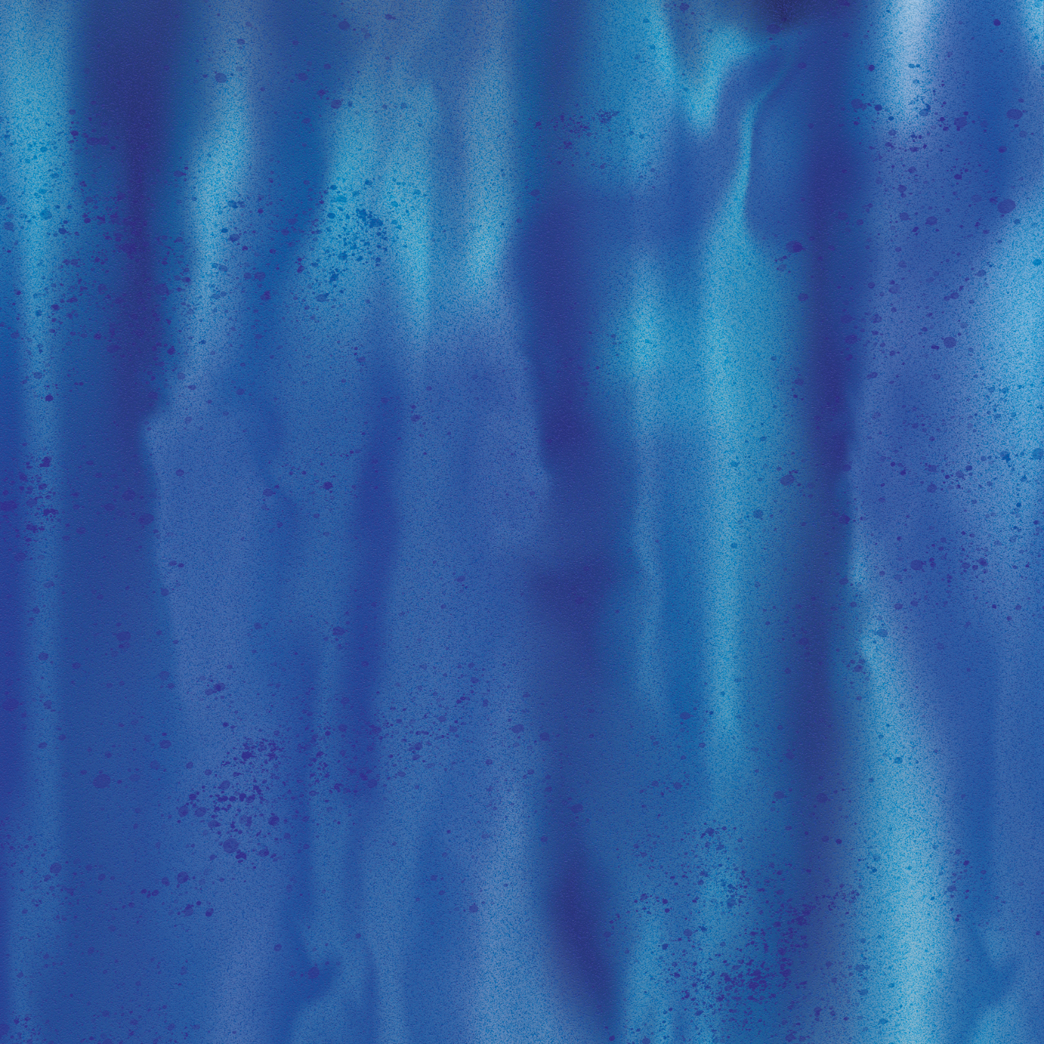 Blue spray-painted background. Vertical streaks and dark blue speckles are visible.