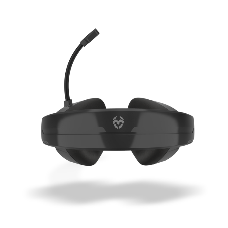 Un auricular VR negro con un micrófono que se extiende desde él.