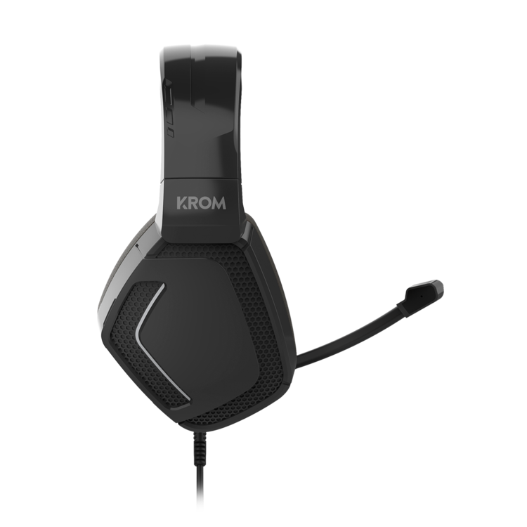 Auriculares gaming negros con micrófono, sobre fondo negro. Logo KROM visible.