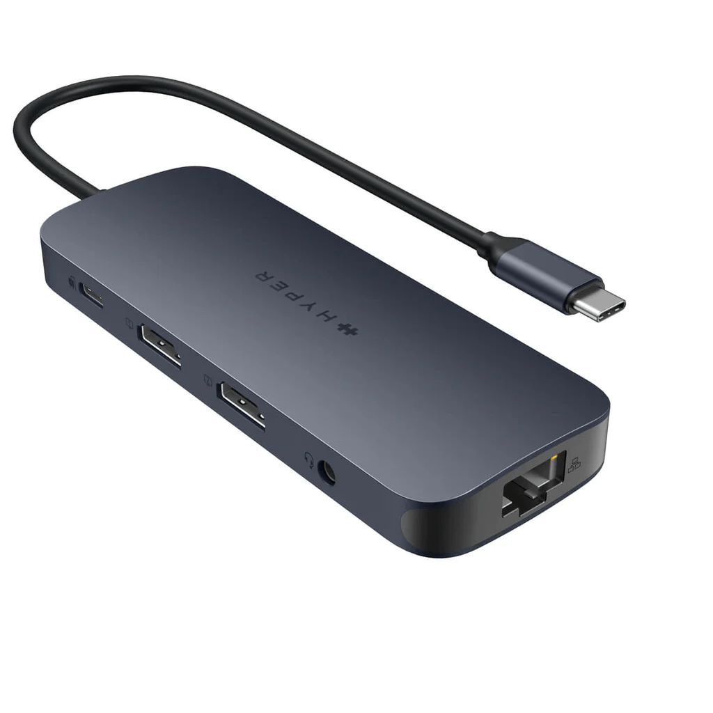 Un adaptador multipuerto azul oscuro con un cable USB-C. Tiene múltiples puertos, incluyendo HDMI y Ethernet.