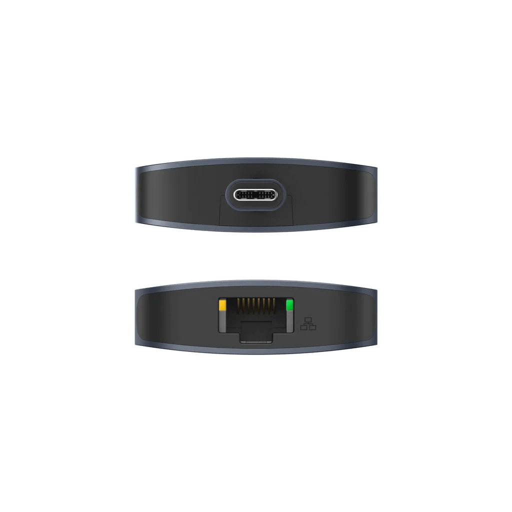 Dos dispositivos grises. El inferior tiene un puerto USB, un puerto LAN y luces de estado.