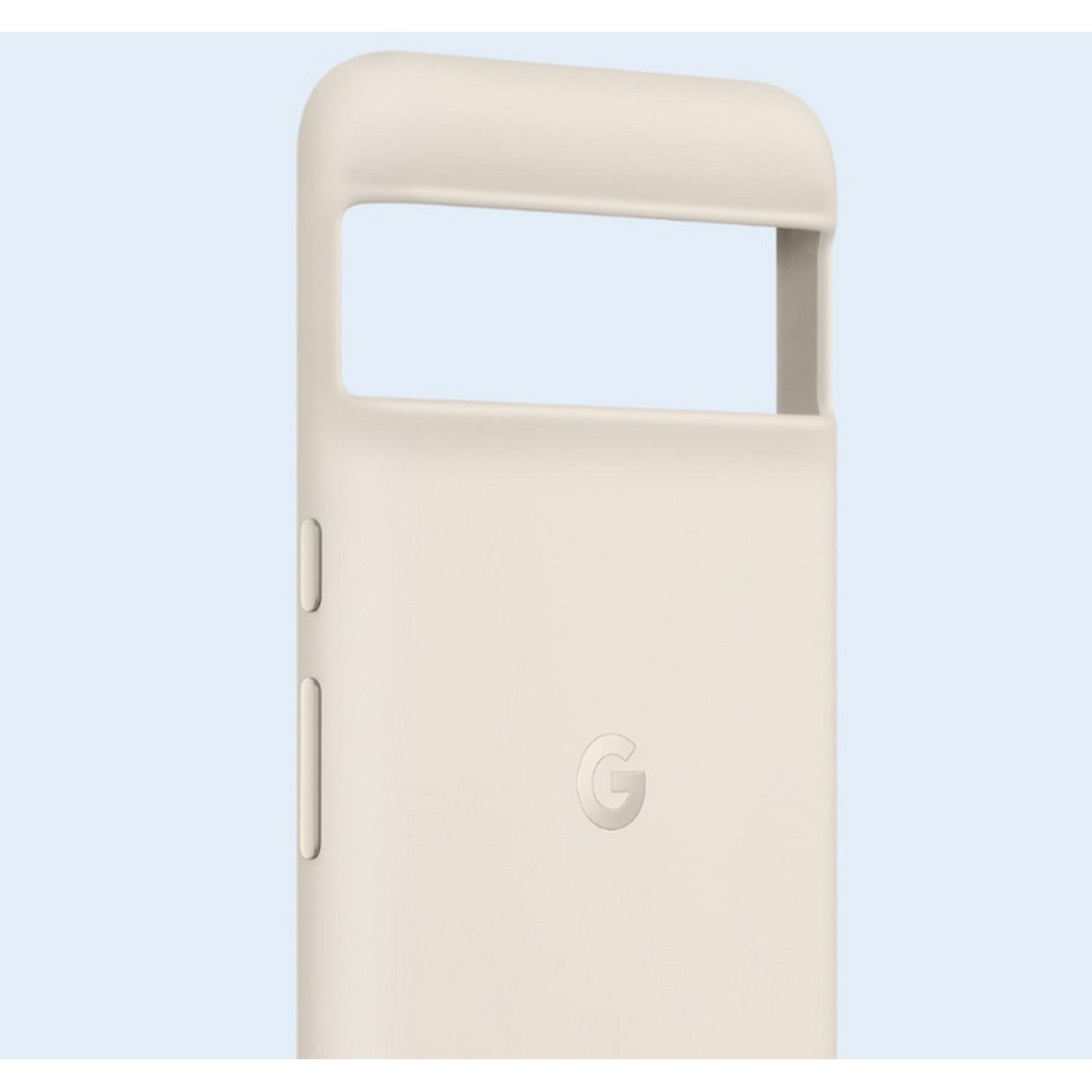 Une coque de téléphone crème avec une découpe pour l'appareil photo et un logo 'G'. Fond bleu clair.