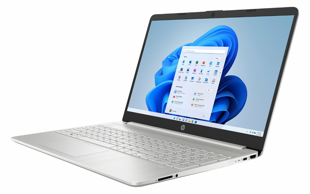 Srebrny laptop na białym tle, otwarty, z ekranem Windows 11. Białe tło.