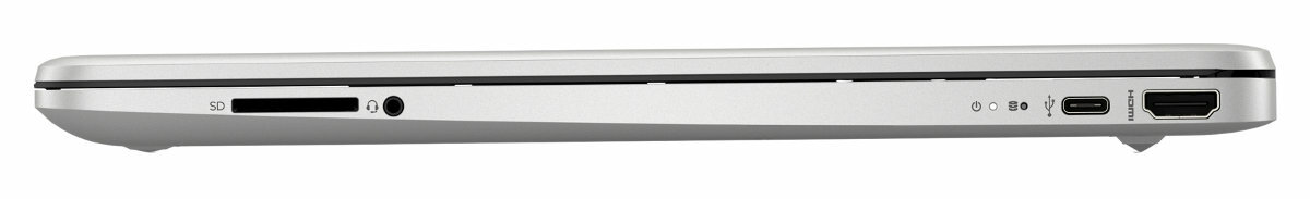 Widok z boku laptopa z portami, srebrny kolor, białe tło, SD, audio, USB-C, HDMI.