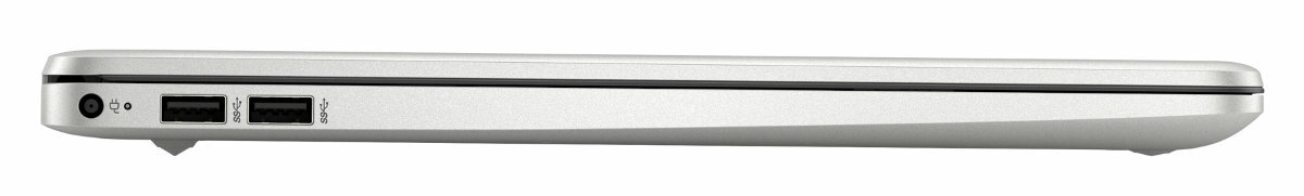 Bok laptopa. Widoczne są dwa porty USB, port zasilania i zawias.