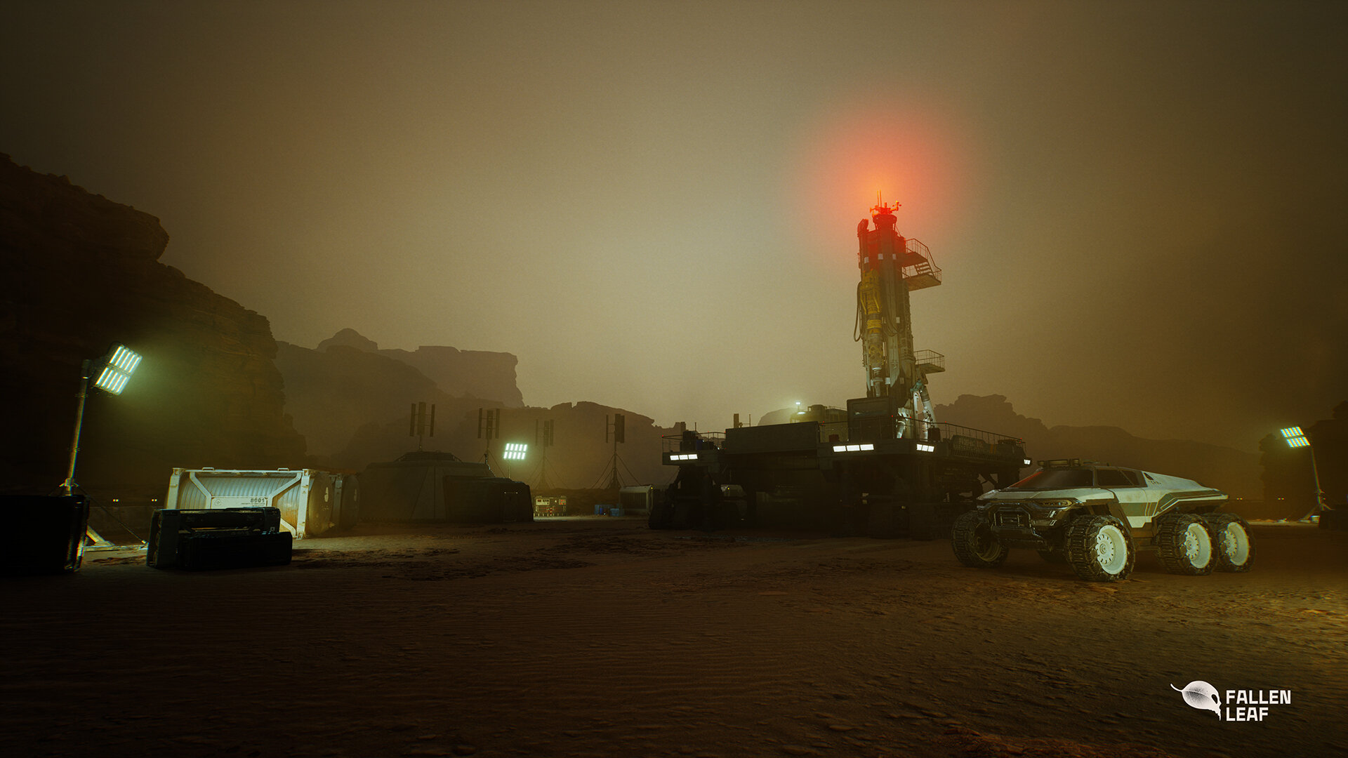 Scena science fiction z platformą wiertniczą i łazikiem na czerwonej planecie.