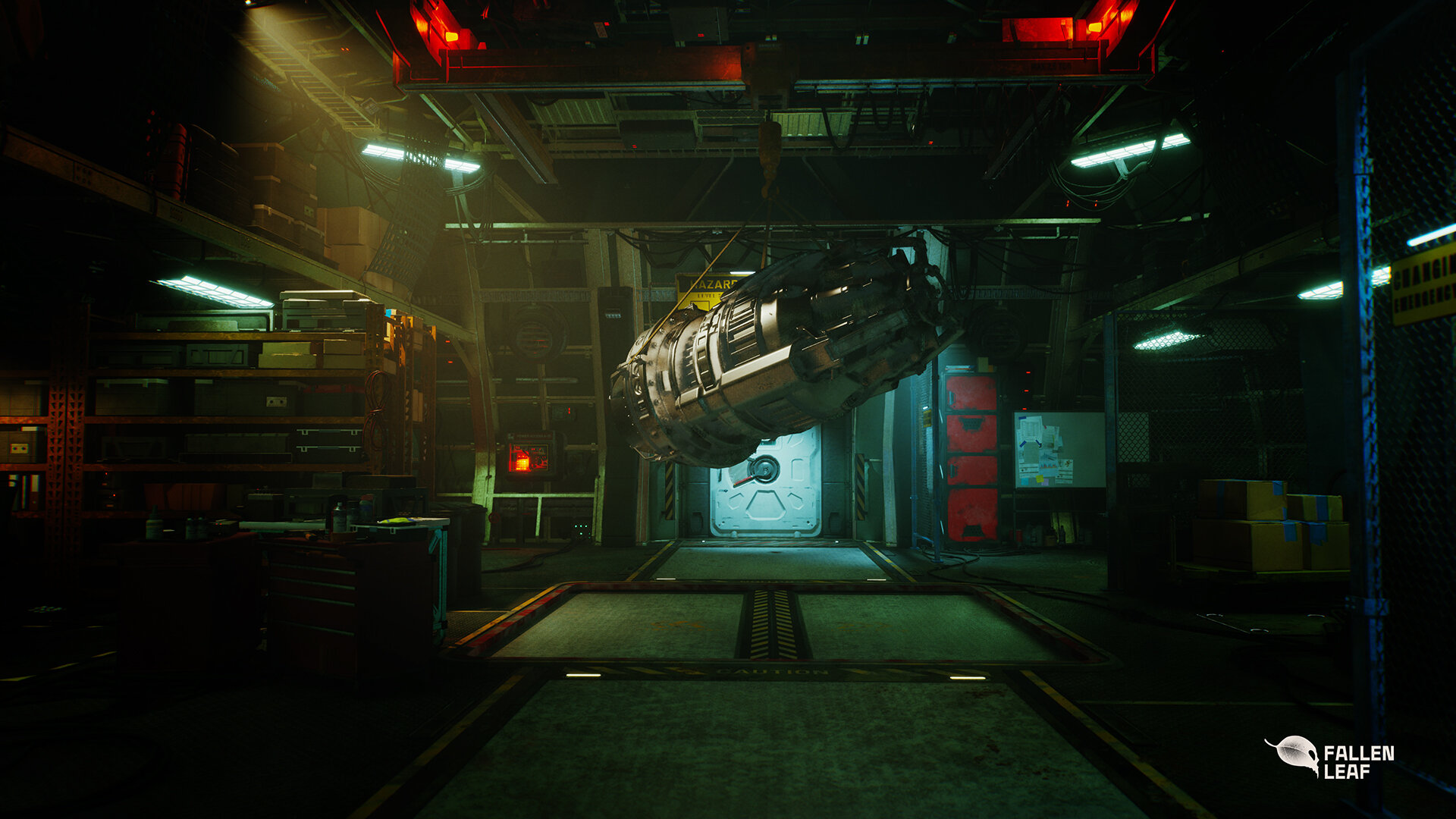 Futurystyczny warsztat z zawieszoną maszyną pośrodku. Scena jest słabo oświetlona.