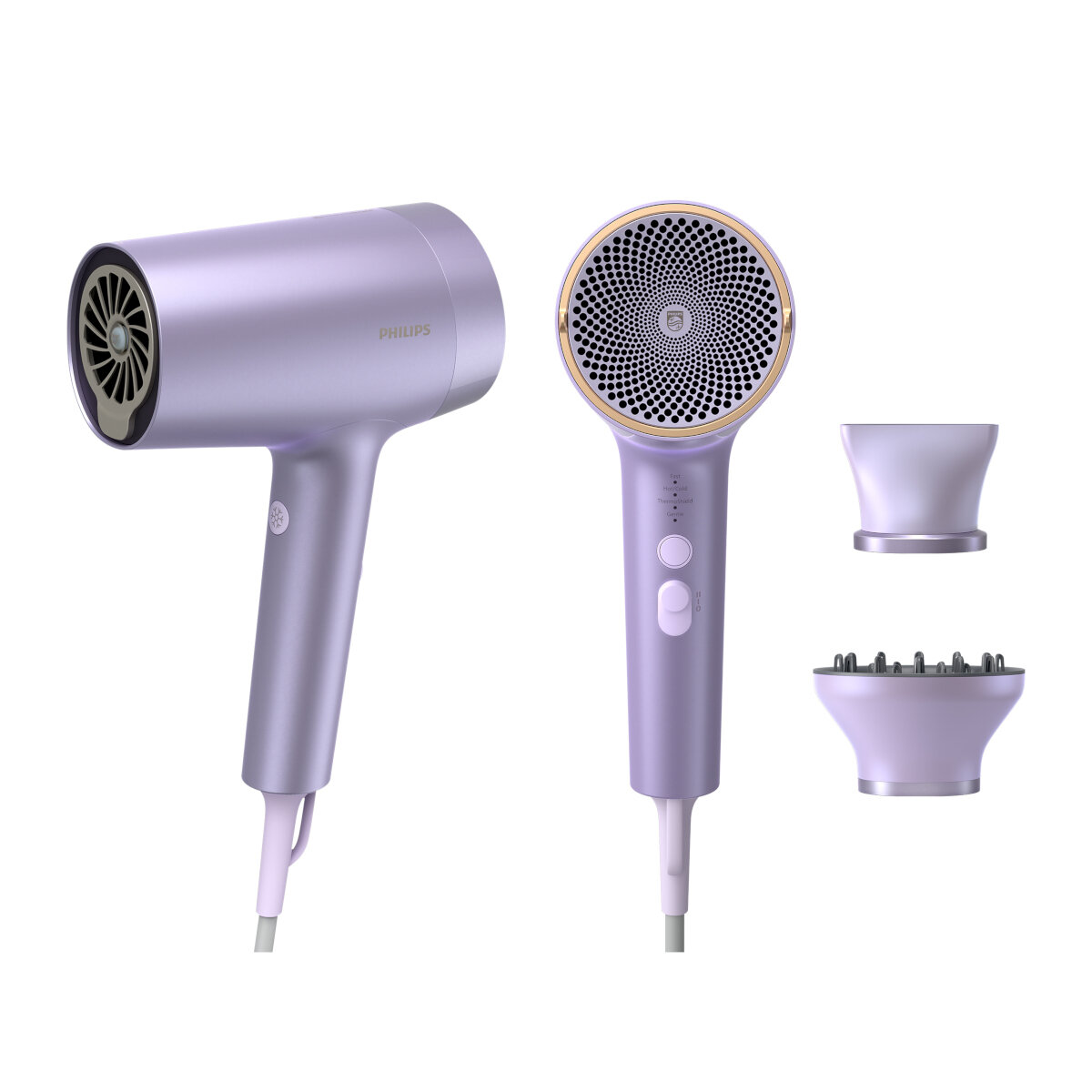 Jasnofioletowa suszarka do włosów z nasadkami i inny widok suszarki.