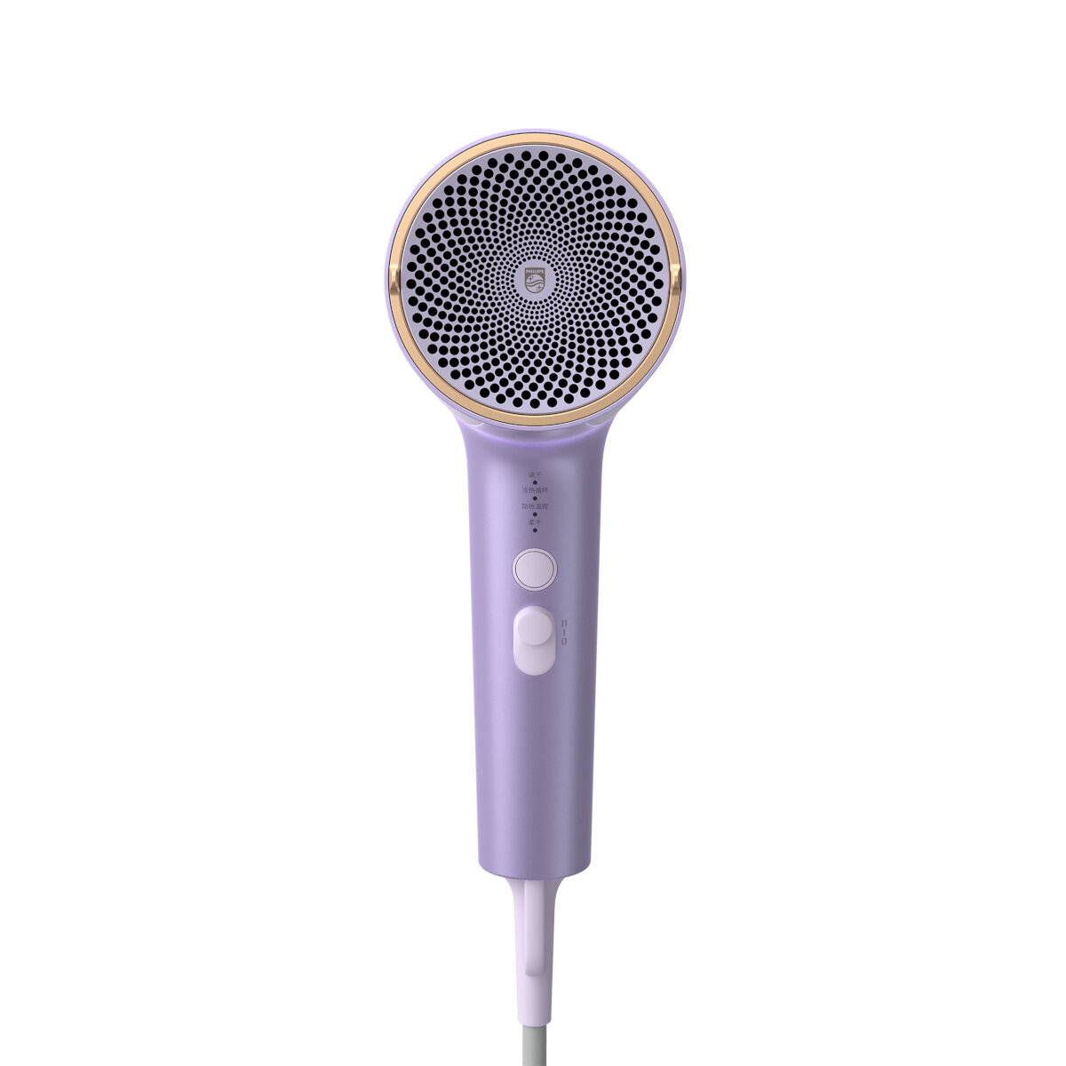 Fioletowo-złota suszarka do włosów, widok z przodu. Uchwyt jest na dole.