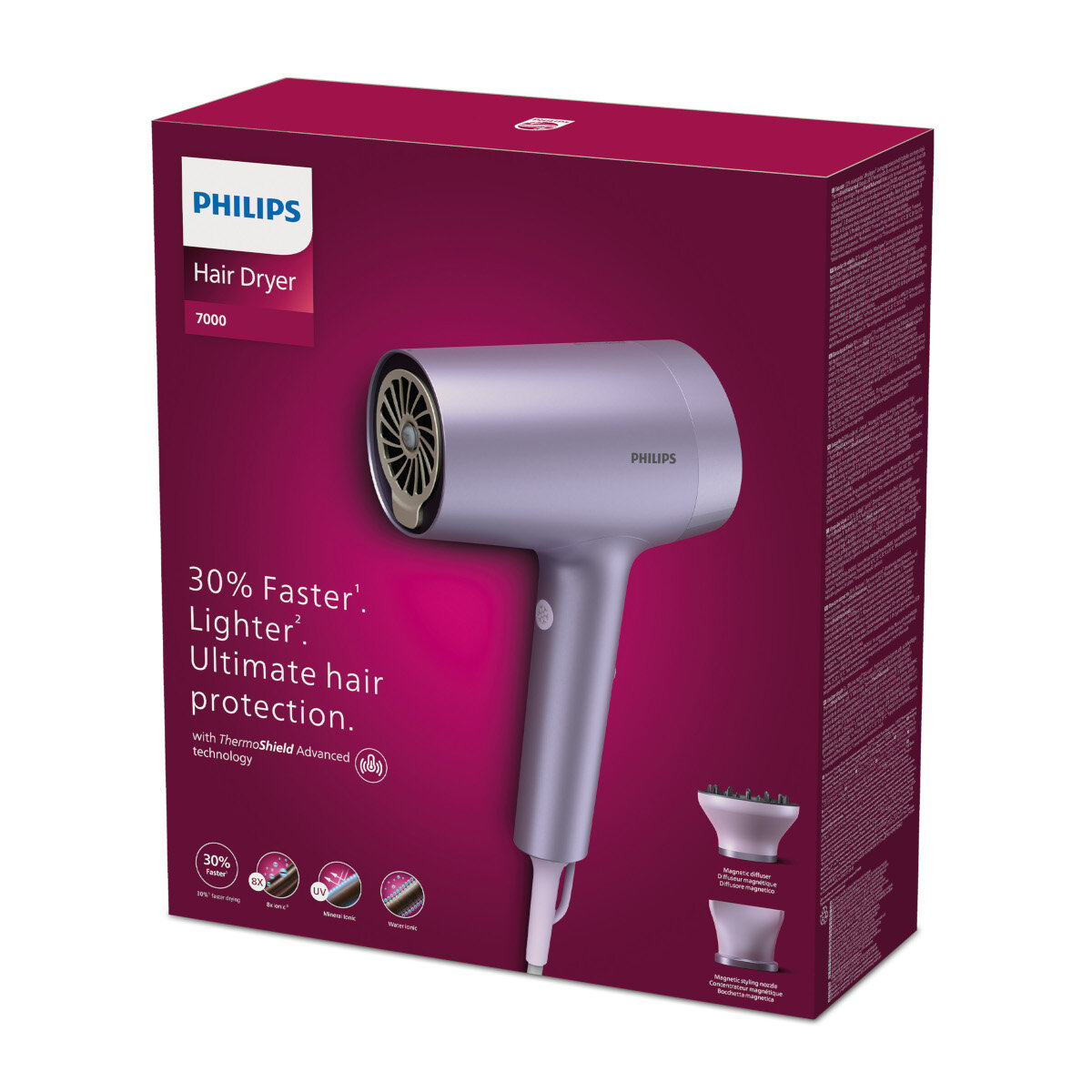Fioletowa suszarka do włosów w pudełku ze szczegółami na temat ochrony włosów i szybszego suszenia.
