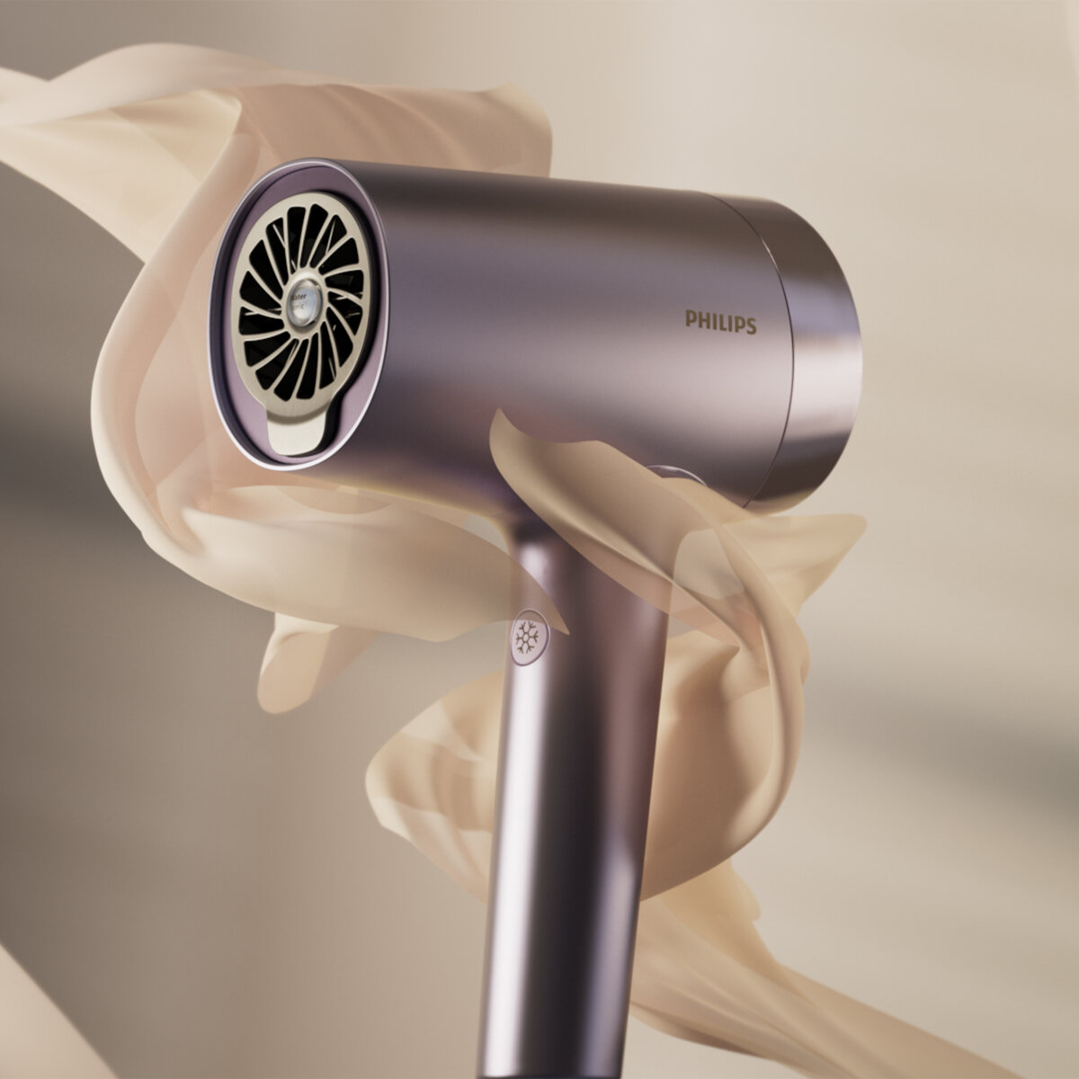 Fioletowa suszarka do włosów Philips z wlotem powietrza w kwiatowy wzór, z miękkim tłem.