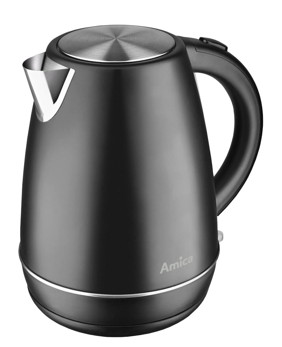 Czarny czajnik elektryczny ze srebrną obwódką i pokrywką. Widoczna jest marka Amica.