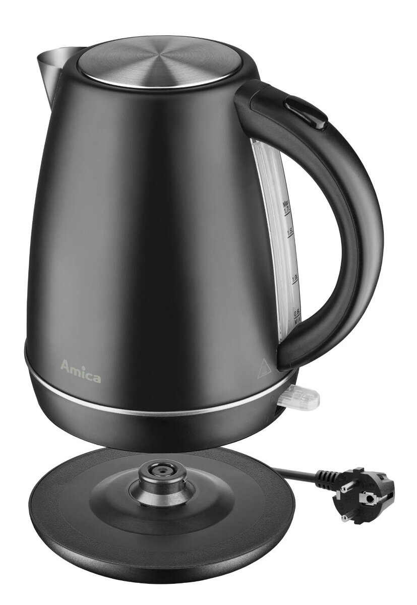 Czarny czajnik elektryczny z czarną podstawą i wtyczką, z napisem 'Amica'.