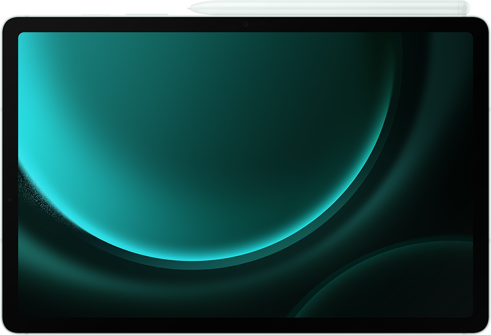 Une tablette avec un fond vert vibrant et un stylet en haut. Cadre noir.