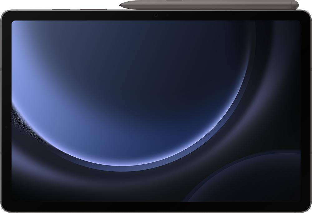 Une tablette noire avec un stylet dessus. Design dégradé bleu foncé et gris sur l'écran.