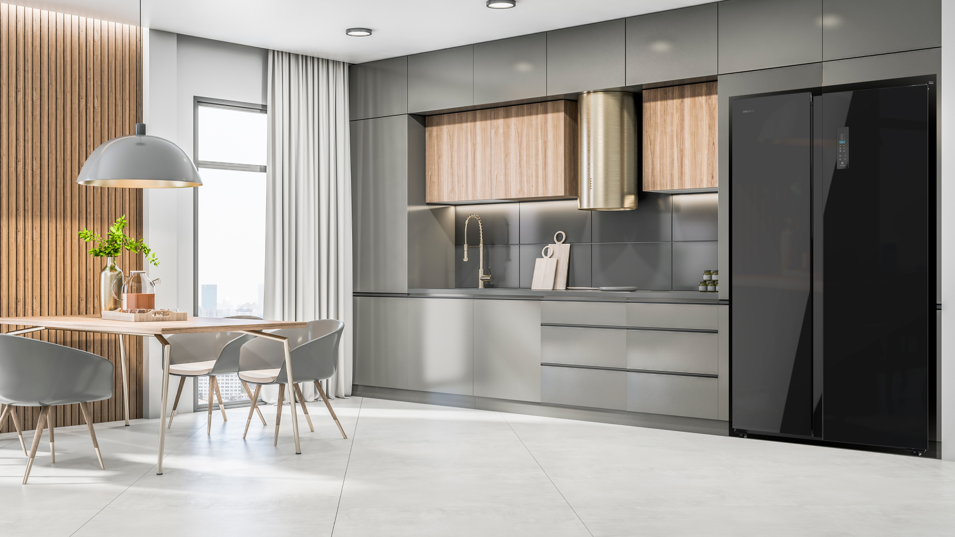 Cocina moderna con detalles en madera, electrodomésticos de acero inoxidable y mesa.