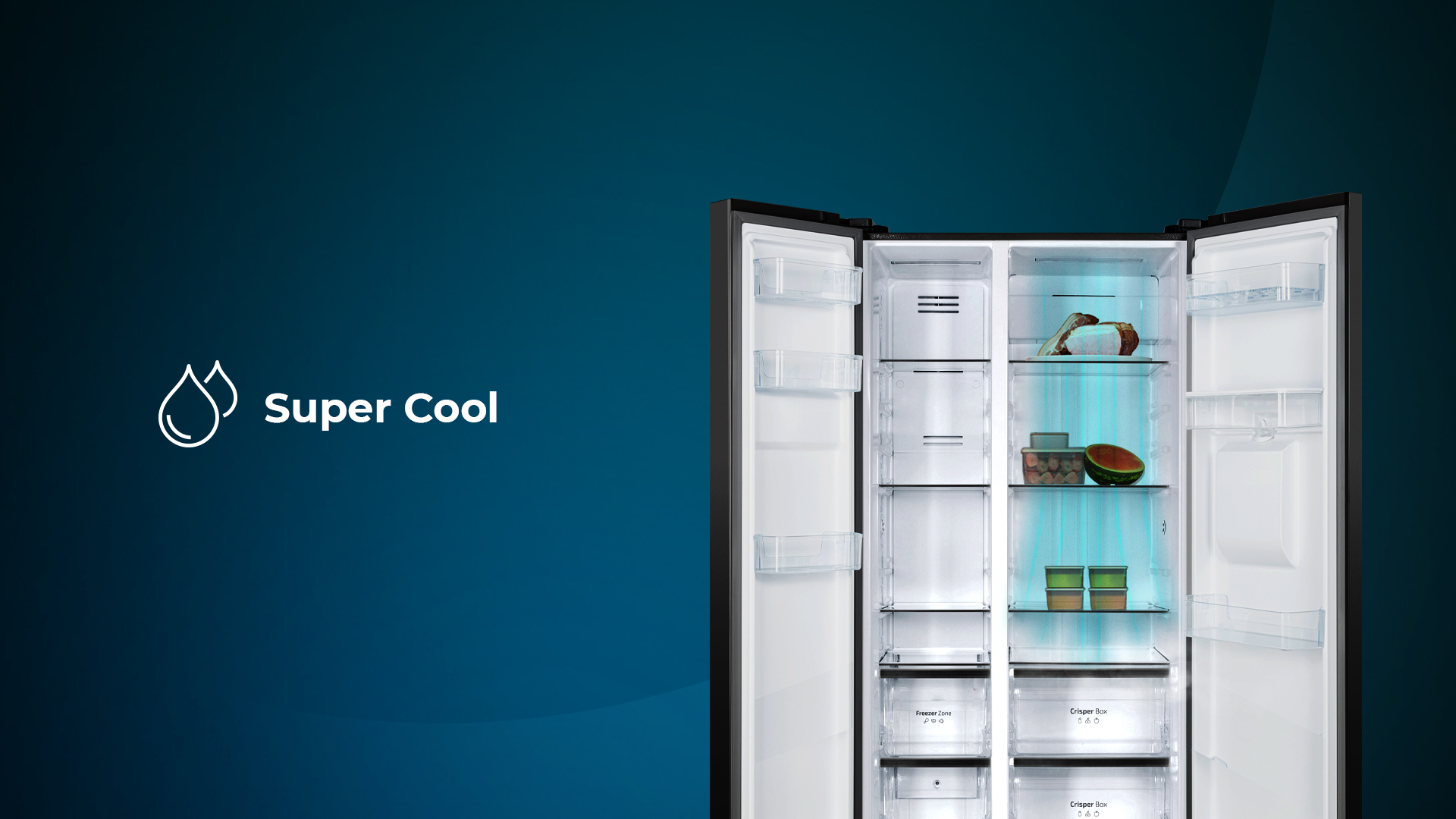 Refrigerador abierto con estantes. Icono de gotas de agua y comida con texto 'Super Cool' sobre fondo azul.