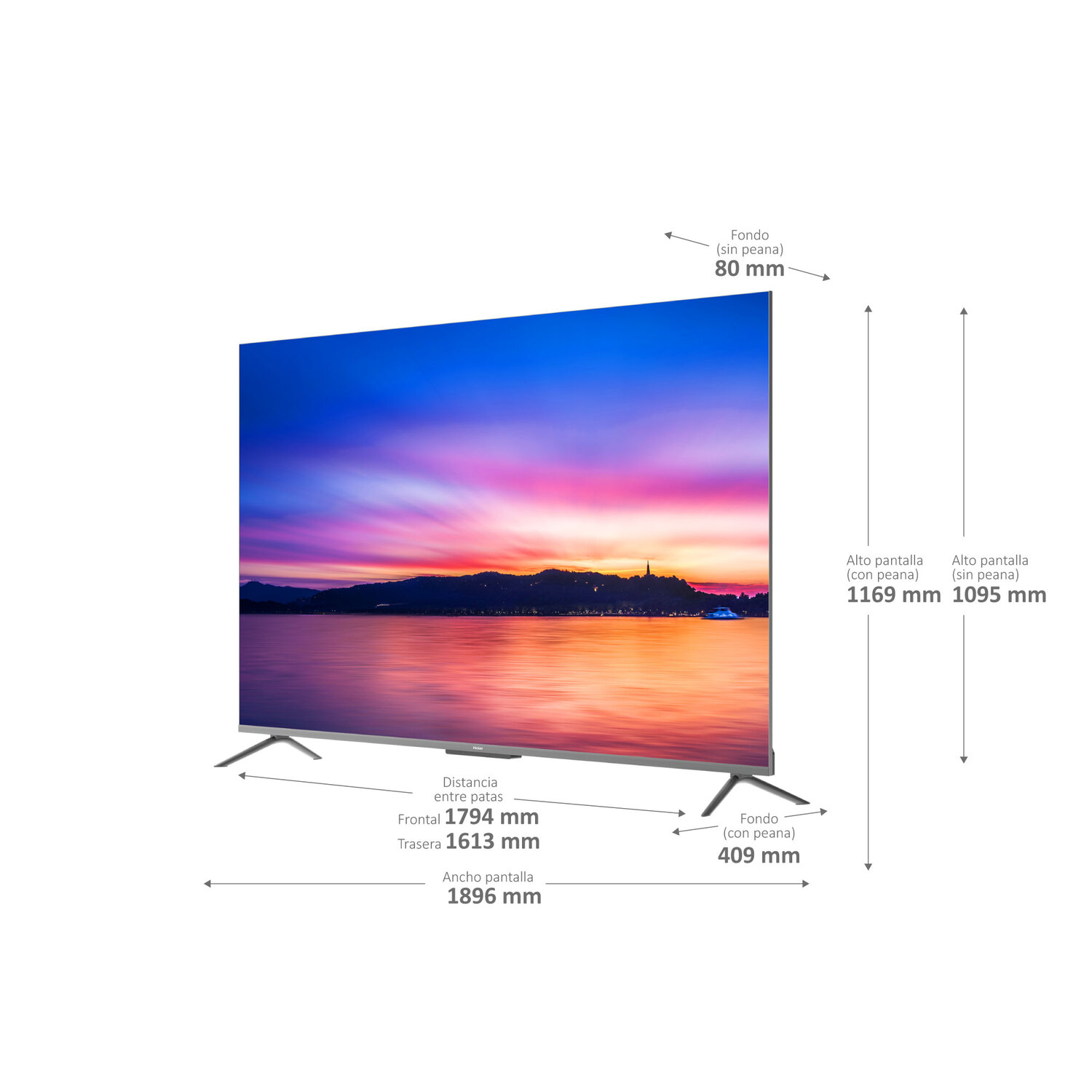 Pantalla de TV con dimensiones, sobre fondo blanco, con un diagrama de dimensiones superpuesto.