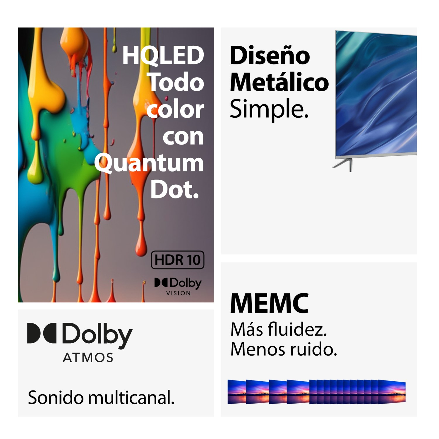 Anuncio con goteos de pintura coloridos, logotipos de Dolby y una imagen de TV sobre fondo gris.
