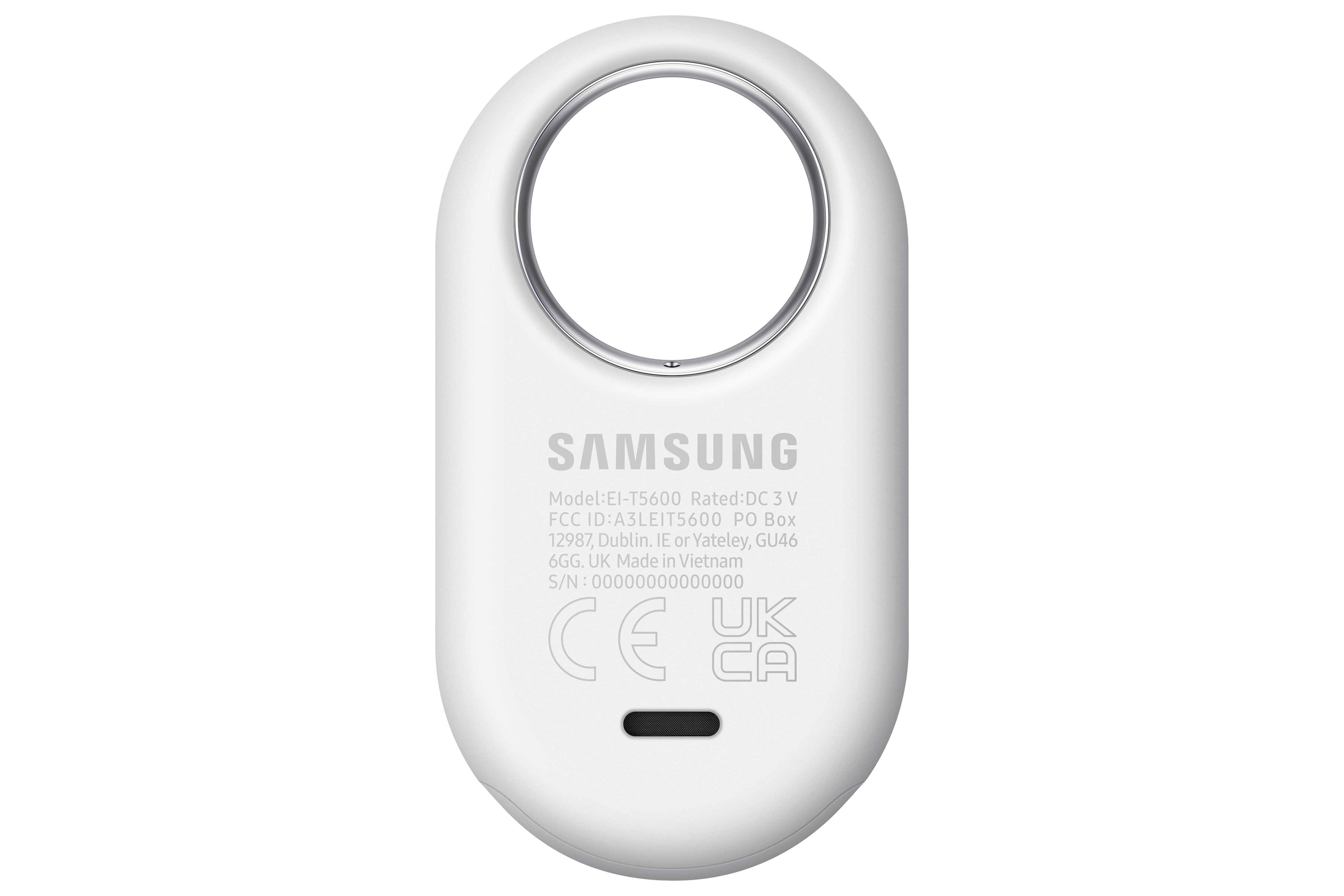 Weißer Samsung-Schlüsselfinder. Rückseite mit Modellinfo, kleinem Punkt und Samsung-Logo.