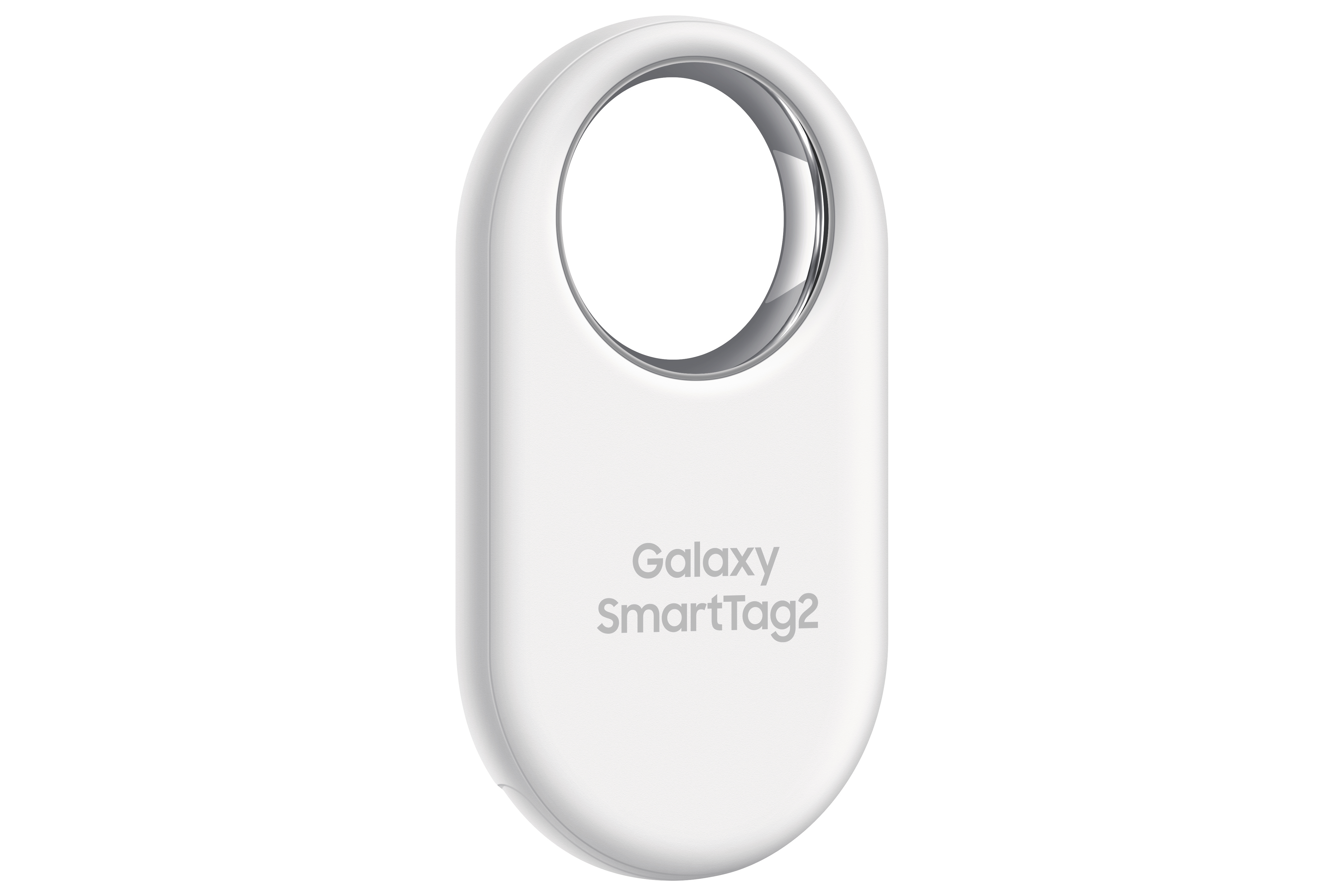 Ein weißes, ovales Galaxy SmartTag2 mit silbernem Ring und Markennamen.