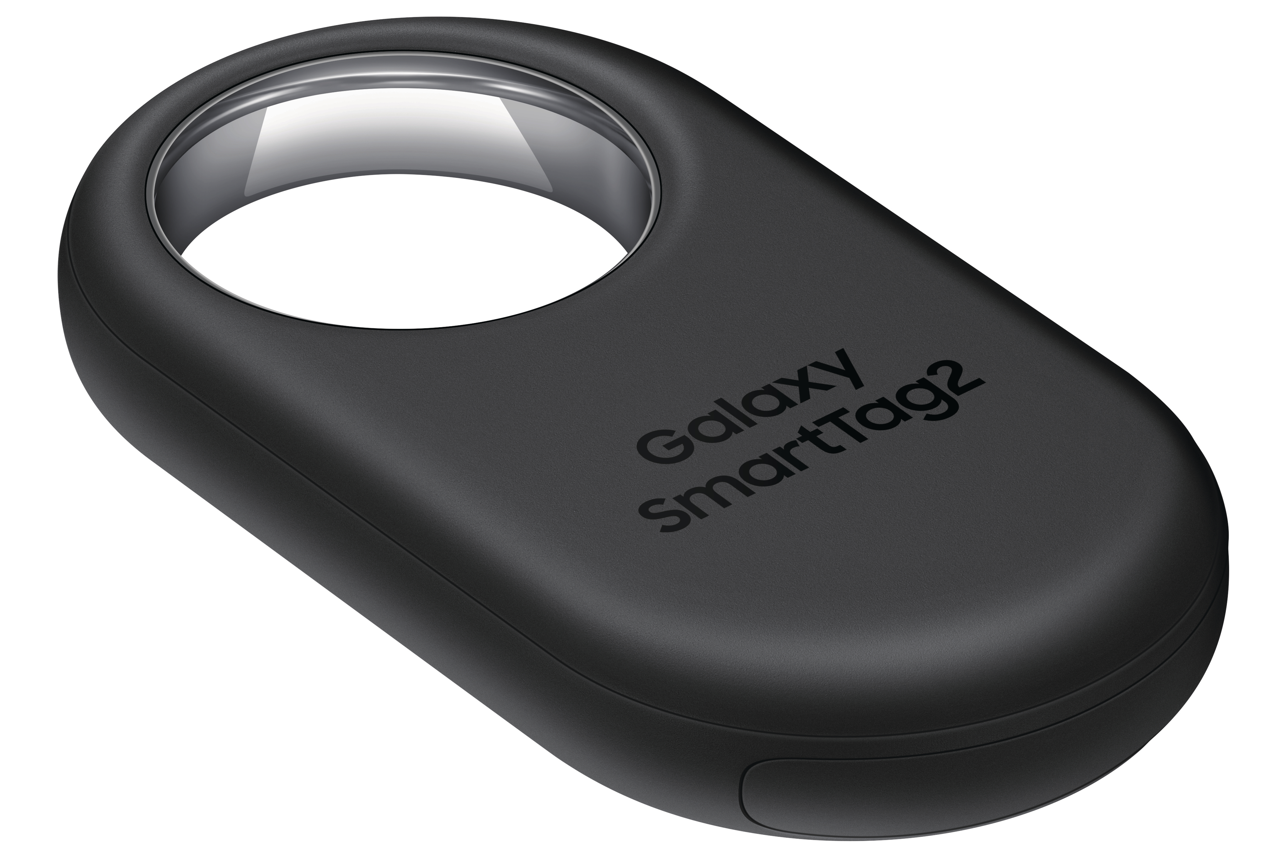 Schwarzes Galaxy SmartTag2. Ein ovales Gerät mit Loch, Text 'Galaxy SmartTag2'.