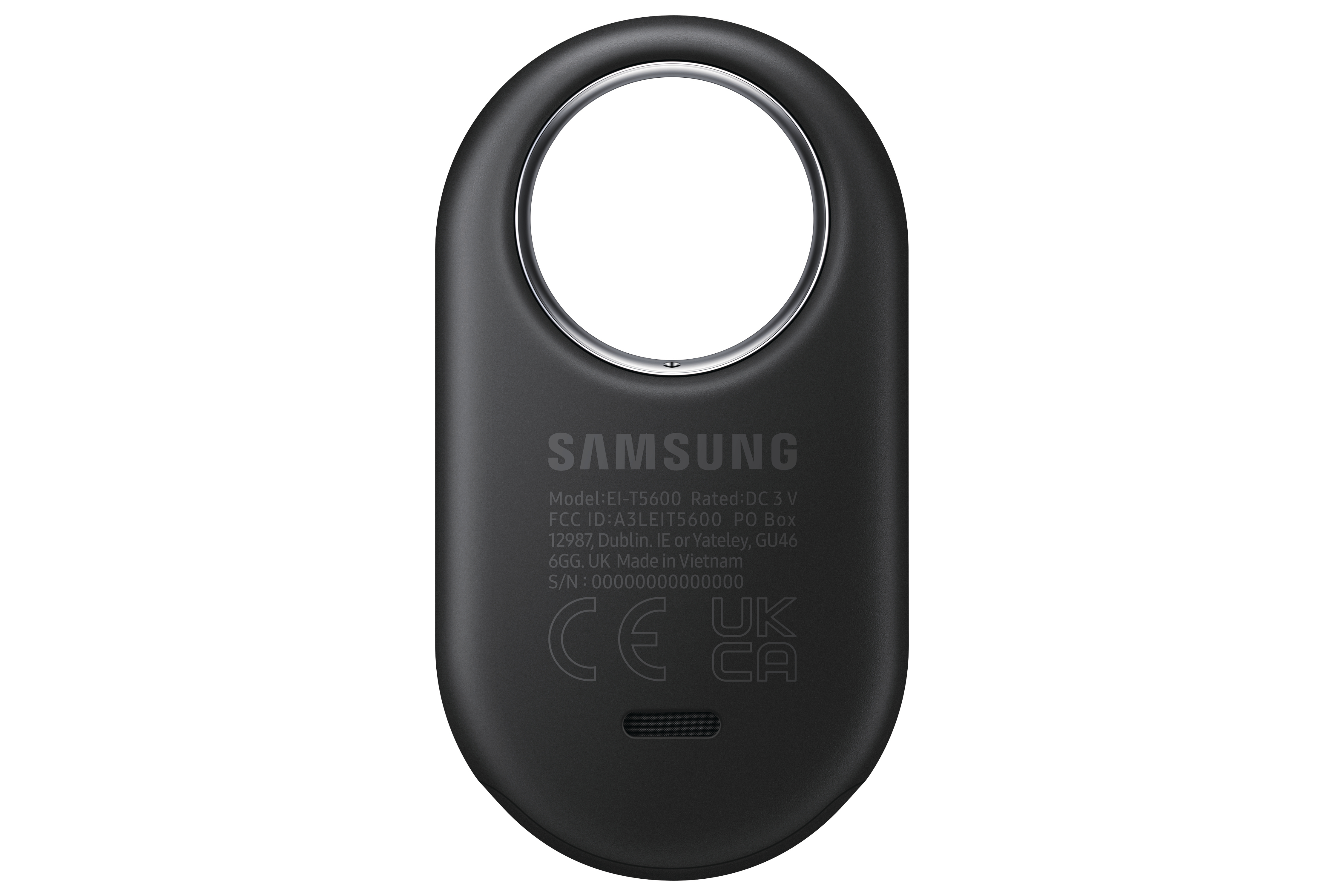 Schwarzes kreisförmiges Samsung SmartTag mit den Rückseitendetails, einschließlich des Samsung-Logos.