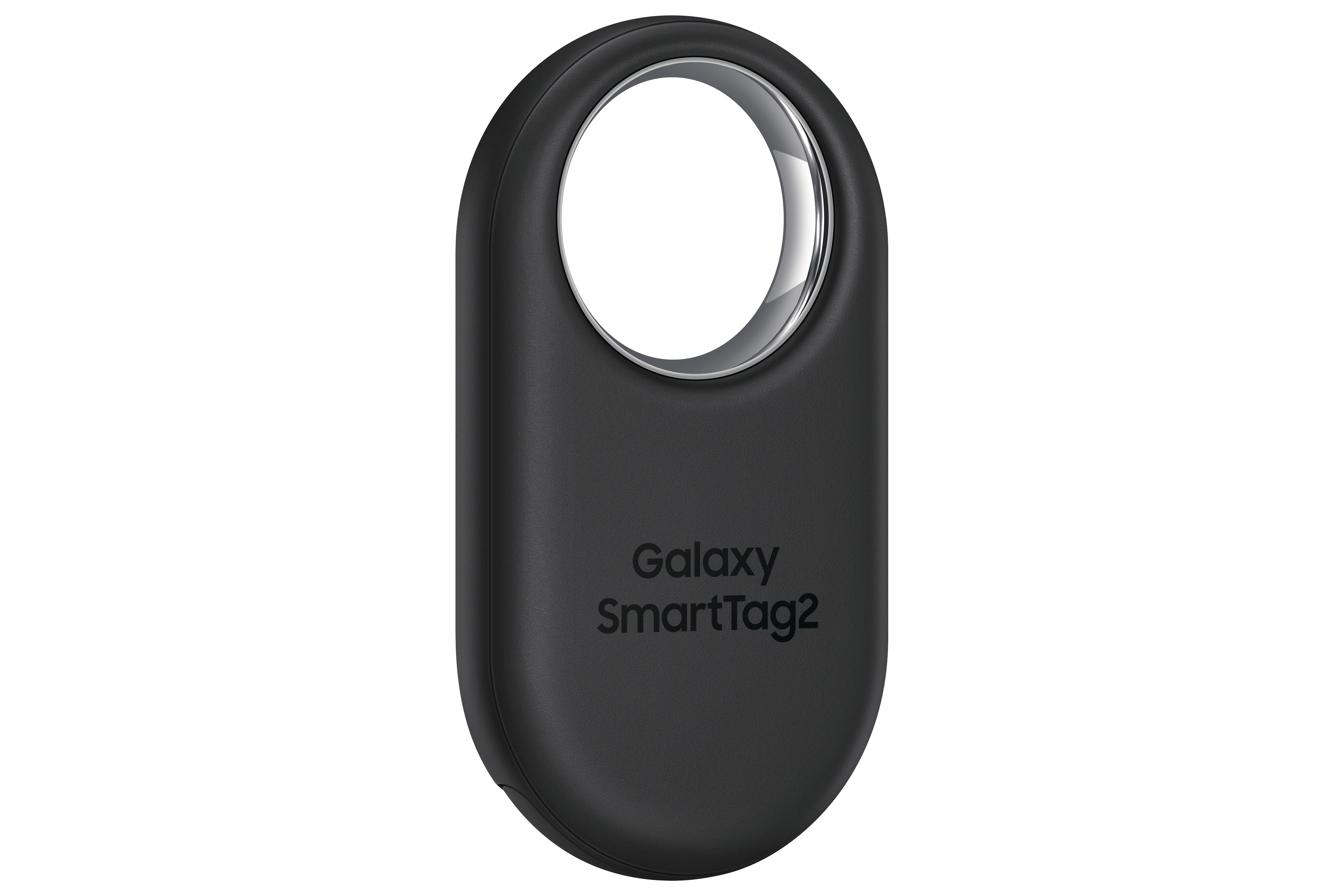 Schwarzer Galaxy SmartTag2, ein ovales Gerät mit Loch.