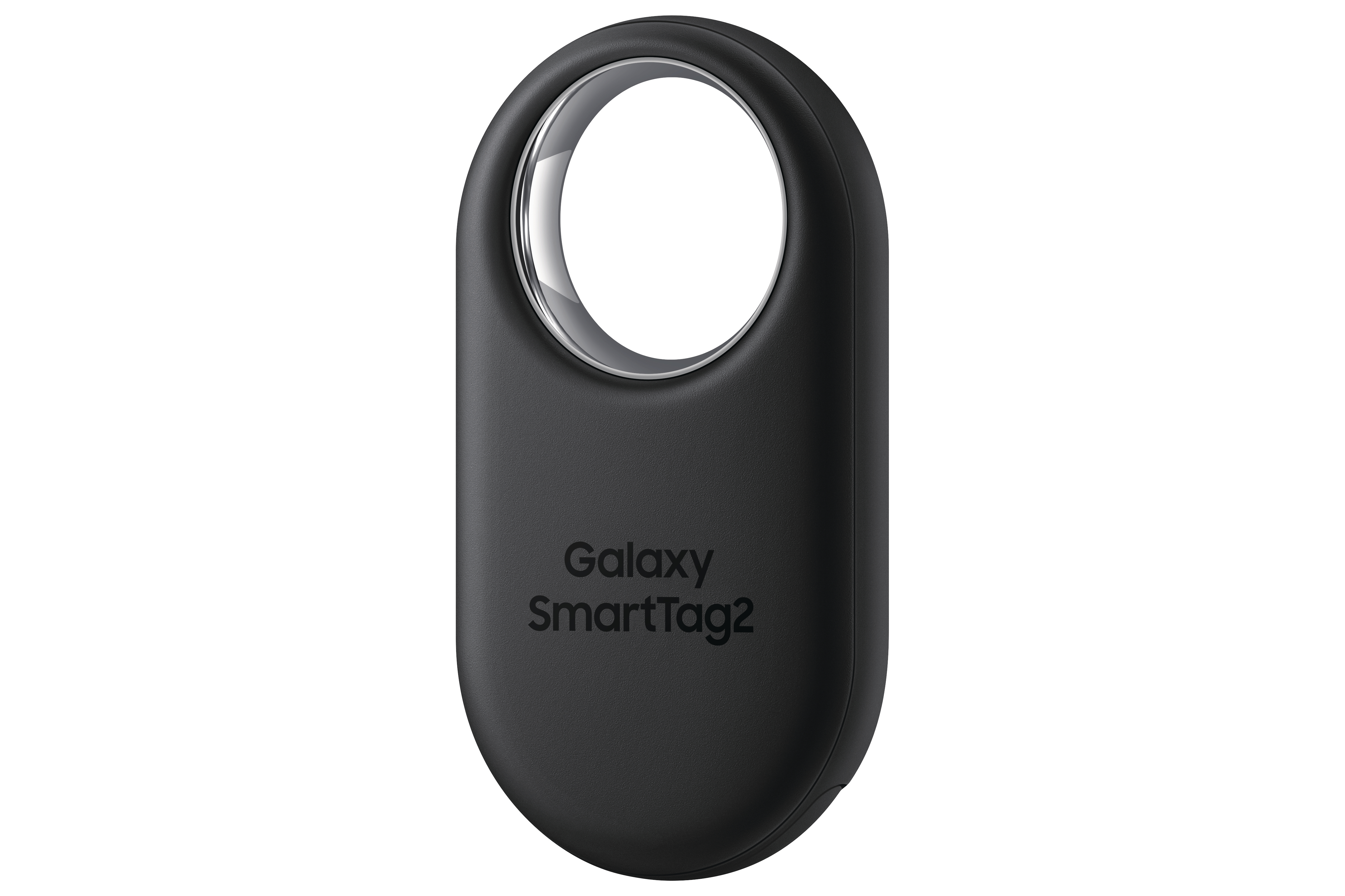 Schwarzes Samsung Galaxy SmartTag2. Ovale Form mit Ring und SmartTag2-Text.