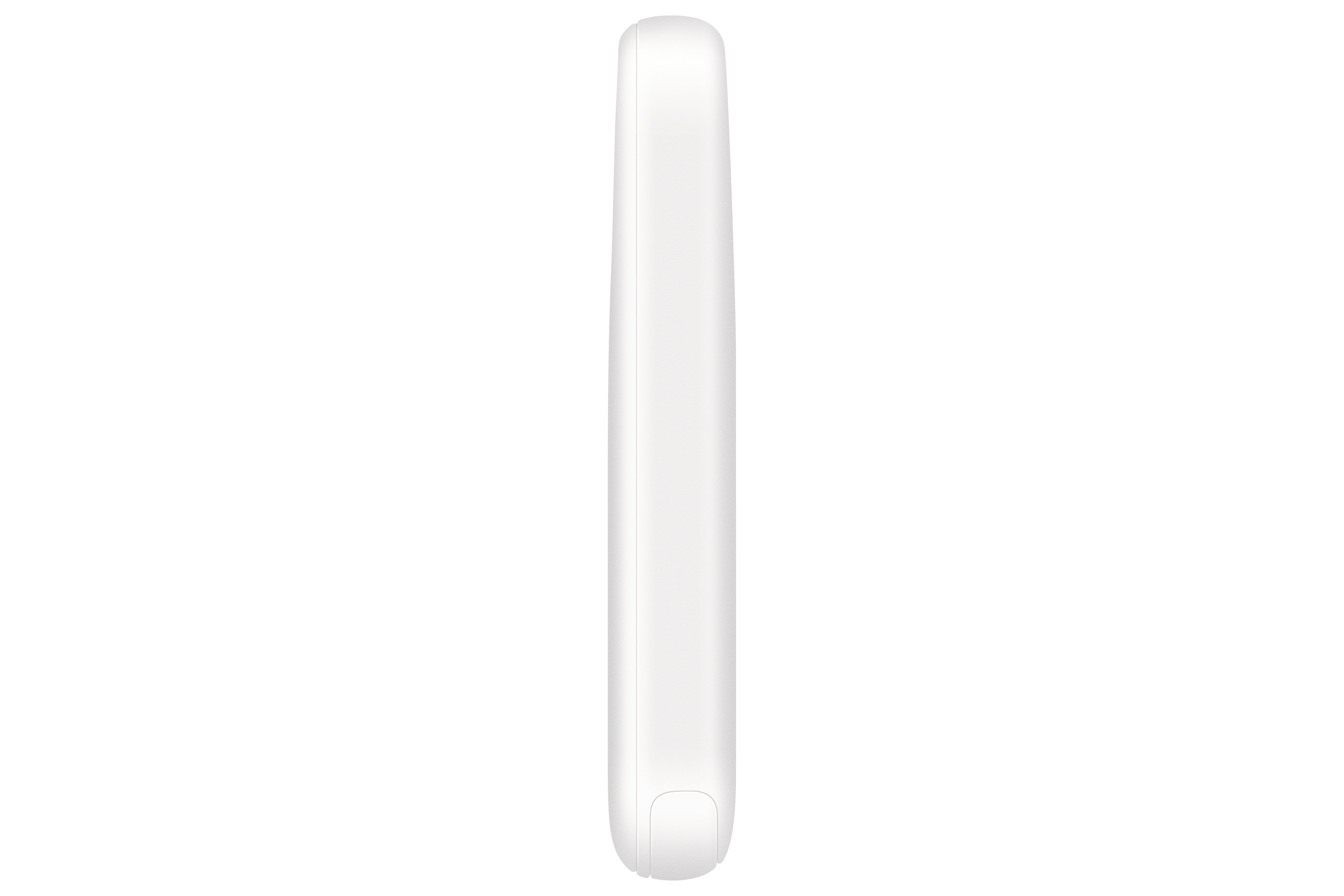 Weißes, schlankes Powerbank, Seitenansicht, auf weißem Hintergrund.
