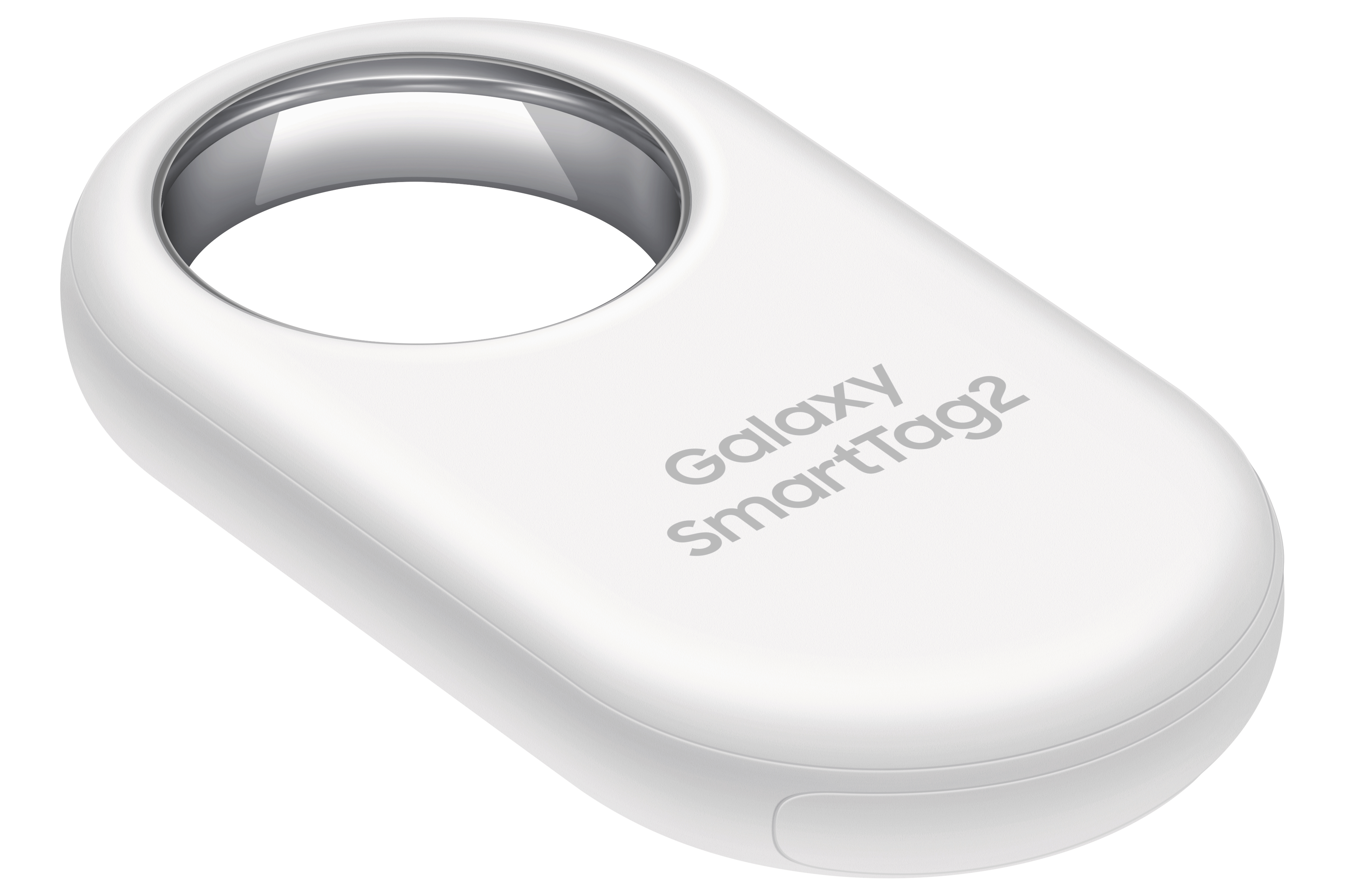 Weißes Galaxy SmartTag2, ovale Form mit Ring, auf Weiß.