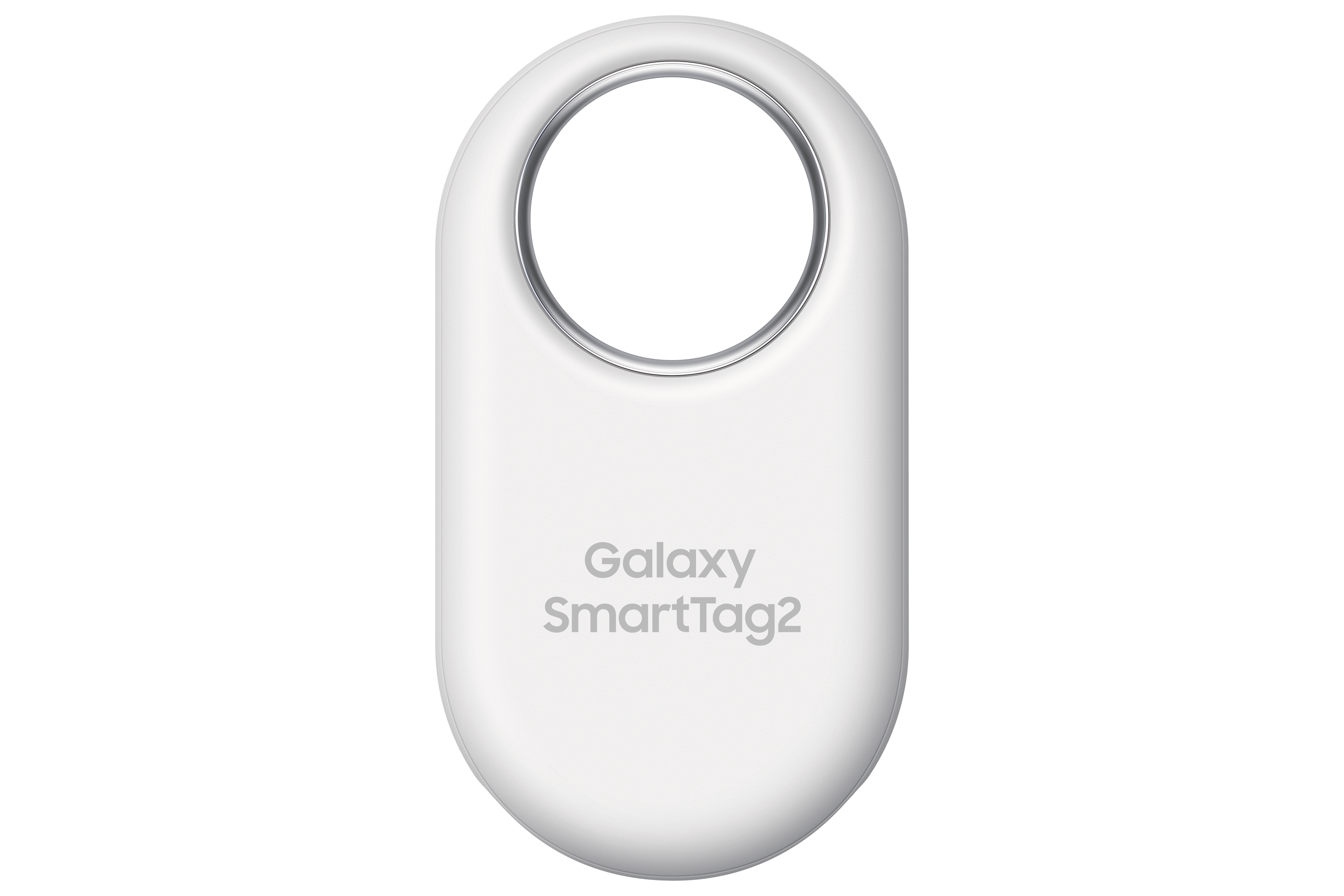 Weißes Galaxy SmartTag2 mit einem Ring zur Befestigung.