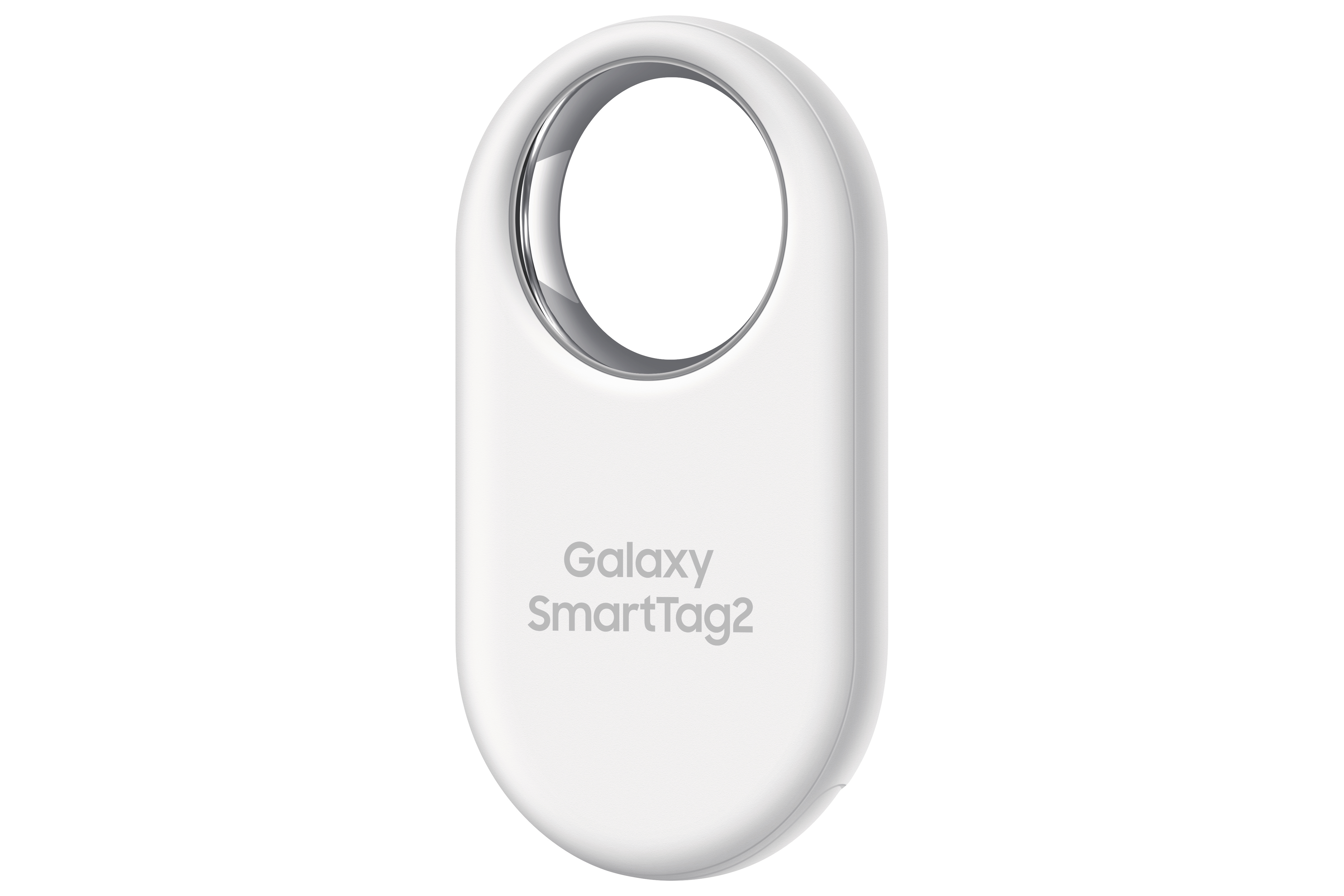 Weißer Galaxy SmartTag2-Tracker mit einer kreisförmigen Schlaufe. Text "Galaxy SmartTag2" auf der Oberfläche.