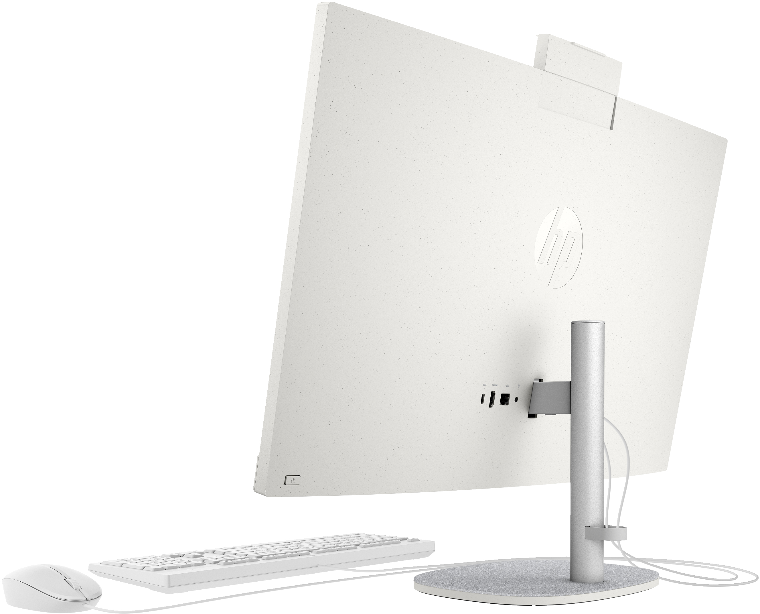 Rückansicht des weißen HP All-in-One-Computers. Es hat Anschlüsse, das HP-Logo und einen Ständer.