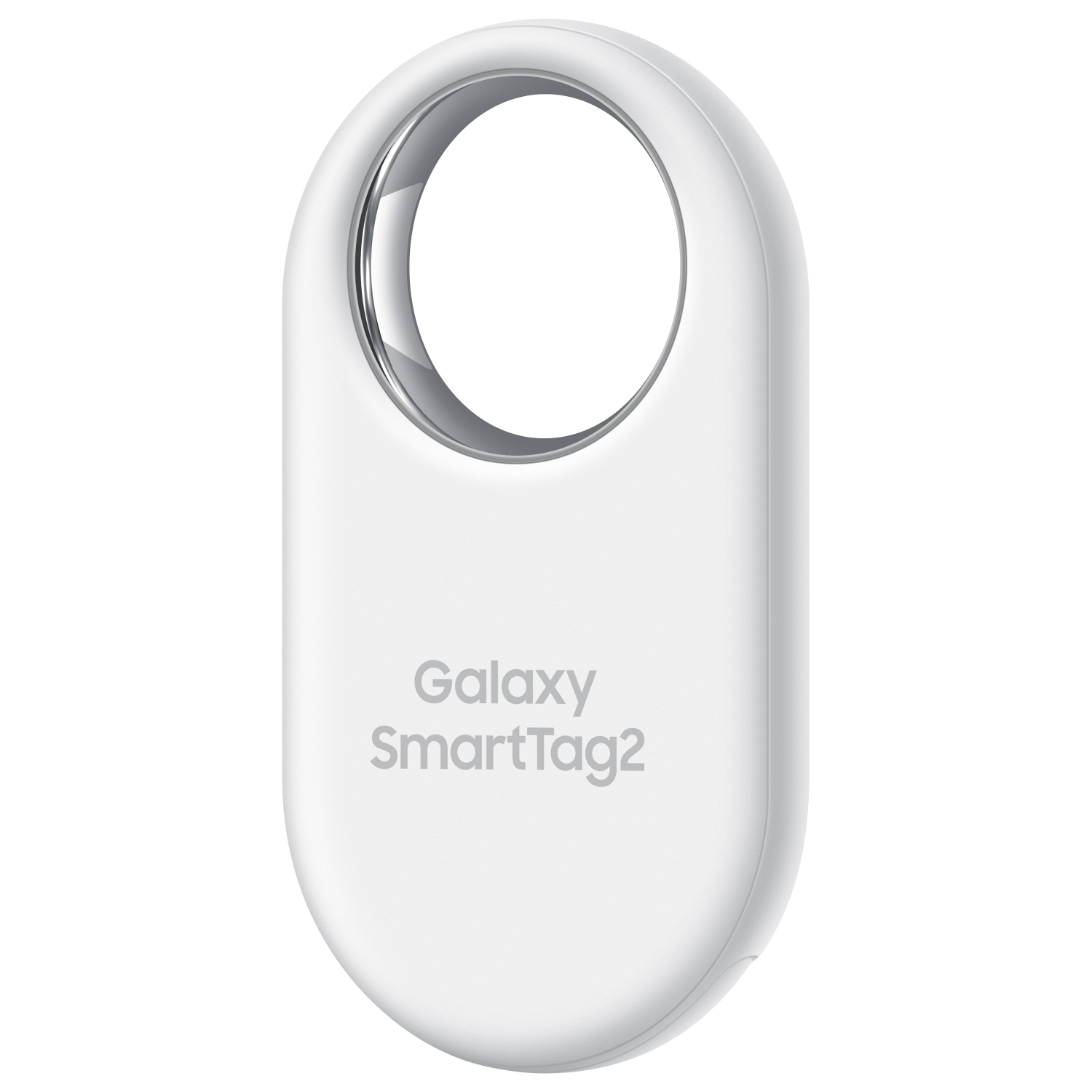 A white Galaxy SmartTag2 on a white background. The tag has a silver ring and the brand name.