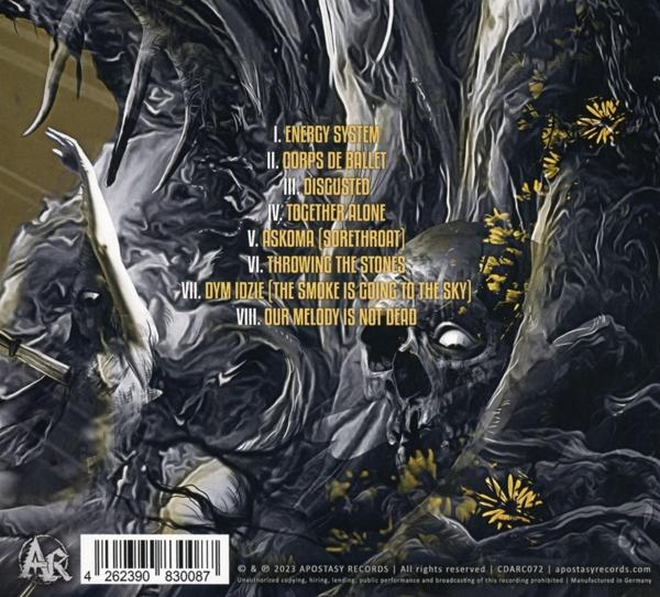 Albumcover mit Totenkopf, Text und abstrakten Kunstelementen.