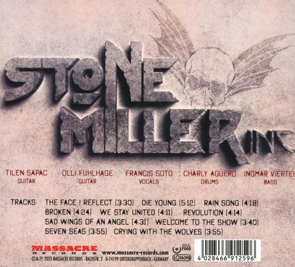 Die Rückseite eines Stone Miller Inc. Albums mit Titelliste und Bandmitgliedern.