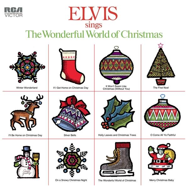 Albumcover. Weihnachtliche Illustrationen mit verschiedenen Ornamenten und Elvis.
