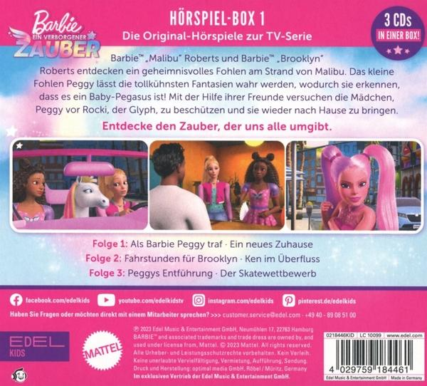 Cover einer Barbie-Hörspielbox mit deutschem Titel. Bilder von Barbie und anderen Charakteren sind zu sehen.