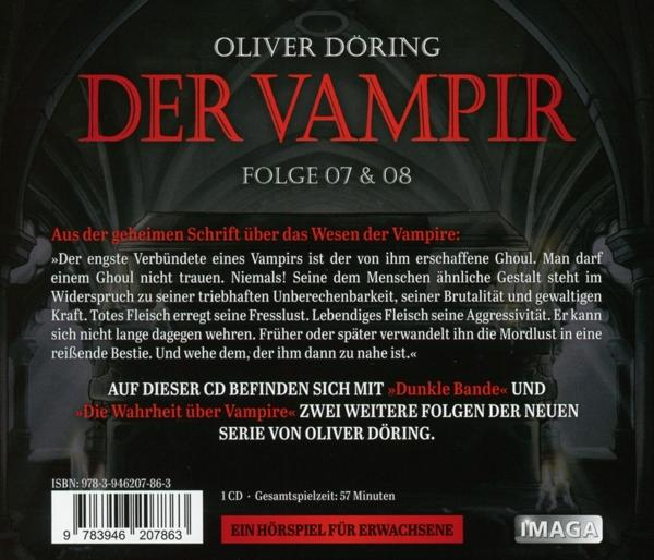 Buchcover von 'Der Vampir' von Oliver Döring, mit deutschem Text. Dunkler Hintergrund.