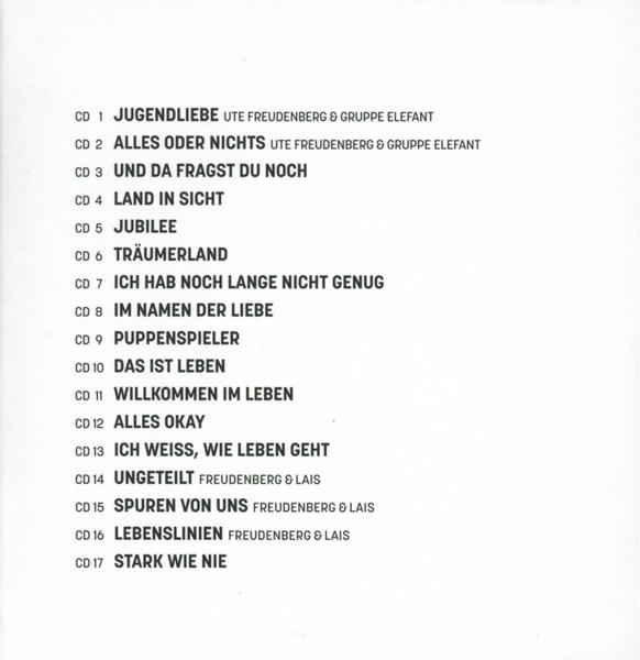 Titelliste einer CD von Ute Freudenberg & Gruppe Elefant. 17 Songtitel gelistet.