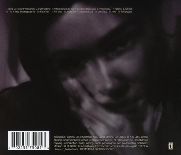 Monochrome Album-Rückseite mit verschwommenem Gesicht und Songtiteln, plus Credits und Barcode.