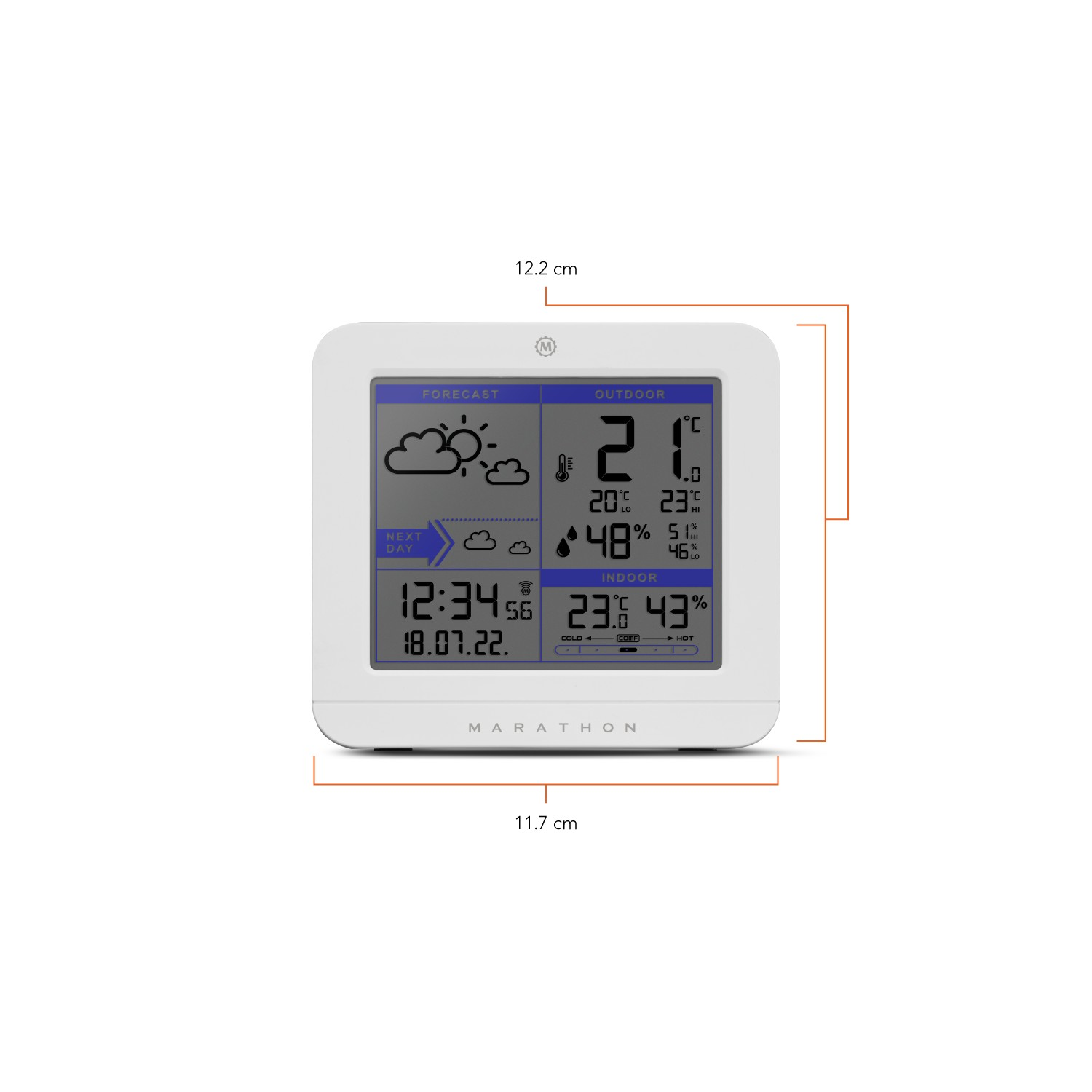White weather station displaying time, date, and weather forecasts, including temperature and humidity data.