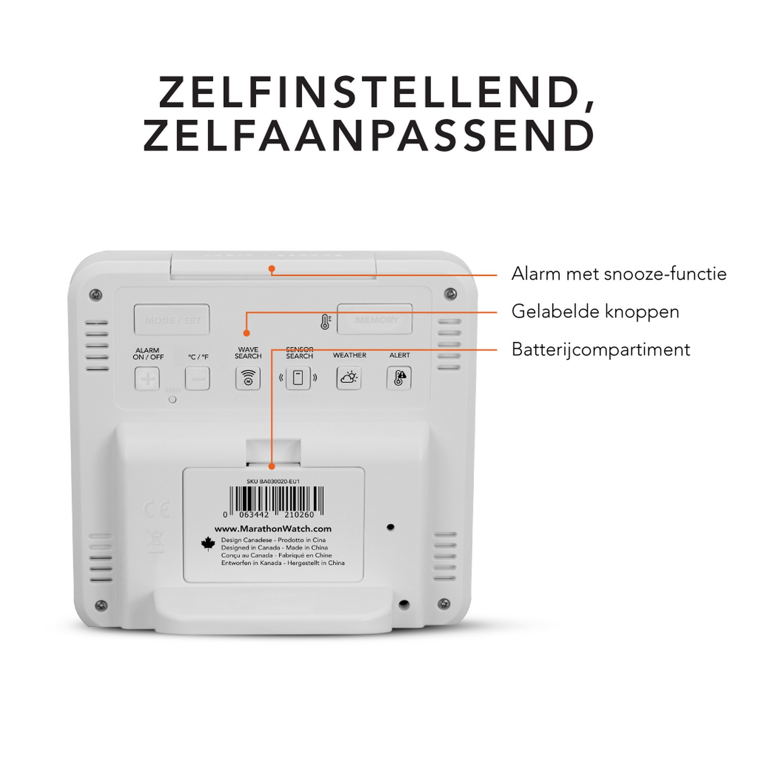 Back view of a white digital alarm clock with buttons, text labels, and a barcode.