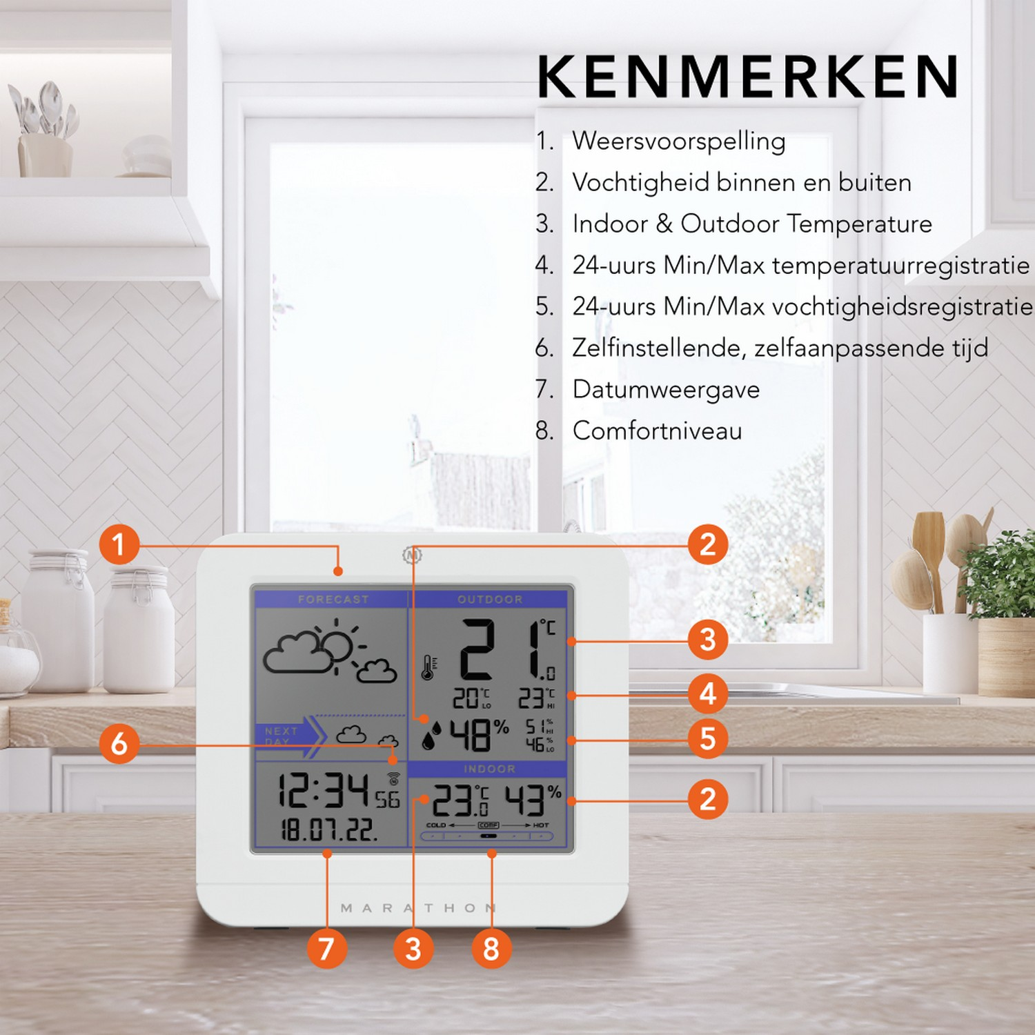 A white weather station displays weather, temperature, and humidity data. Wooden surface and a window in background.