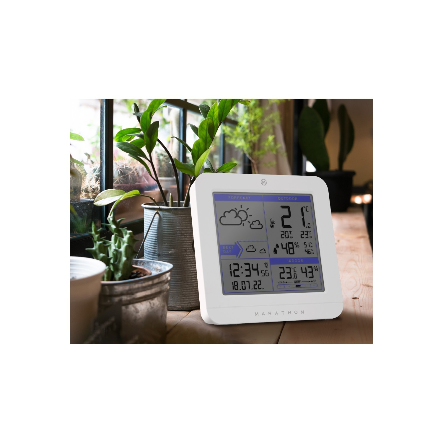 A white weather station with a digital display, next to plants.