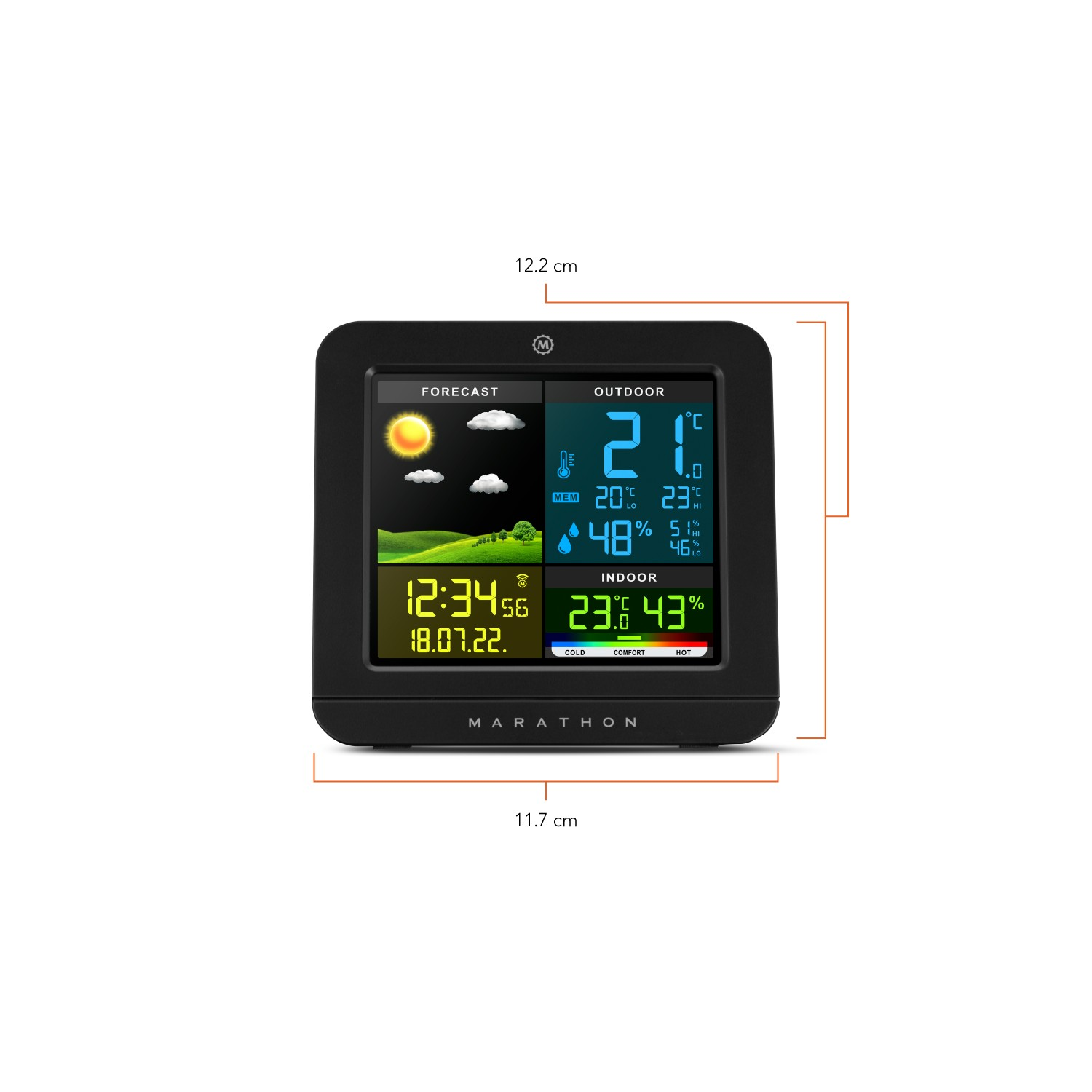 Black weather station with a color display showing time, forecast, and temperature readings.