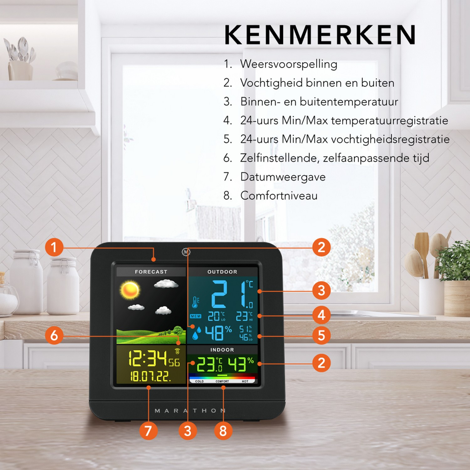 Digital weather station displaying forecast, temperature, humidity, and time.
